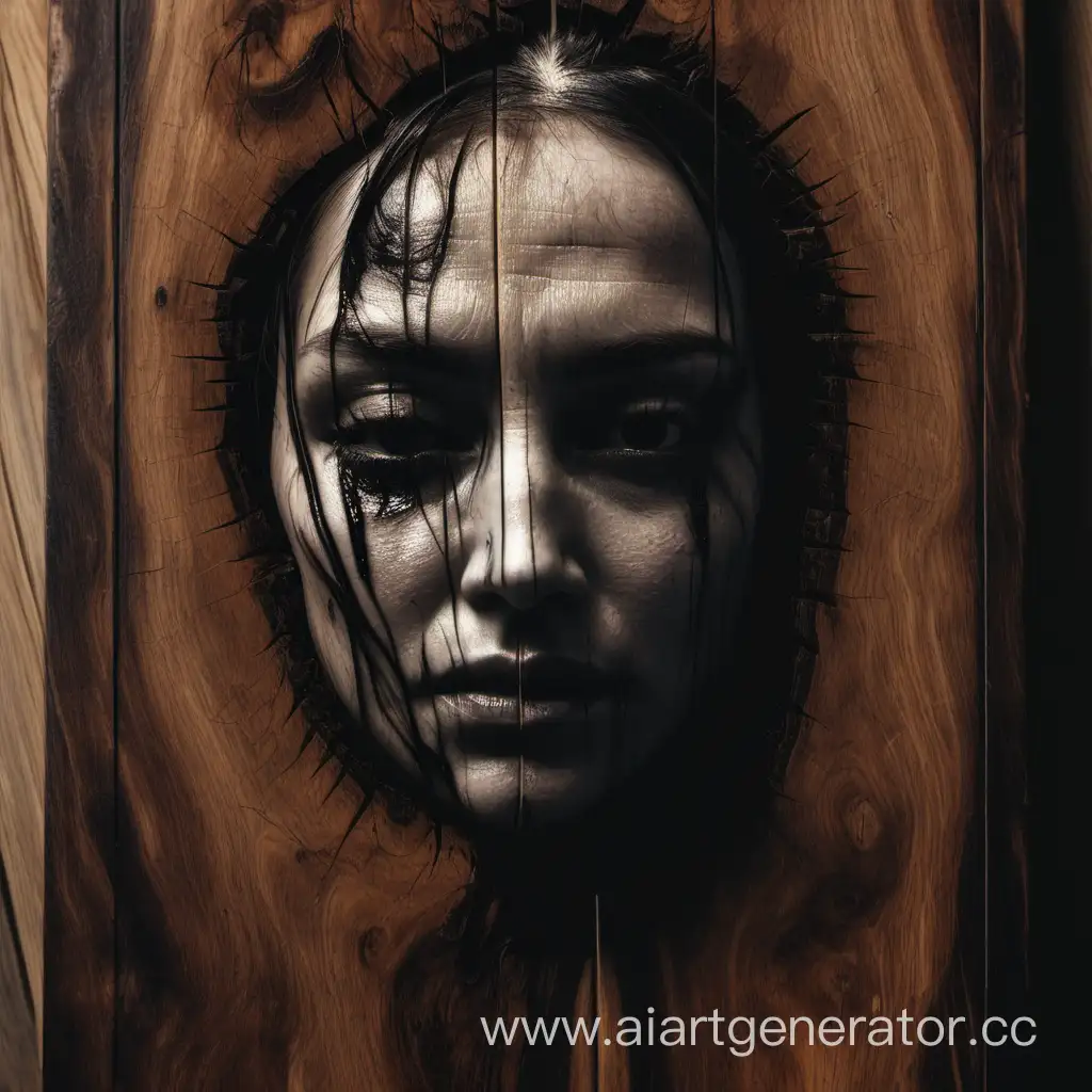 Grim-Expression-Womans-Face-on-Wooden-Board