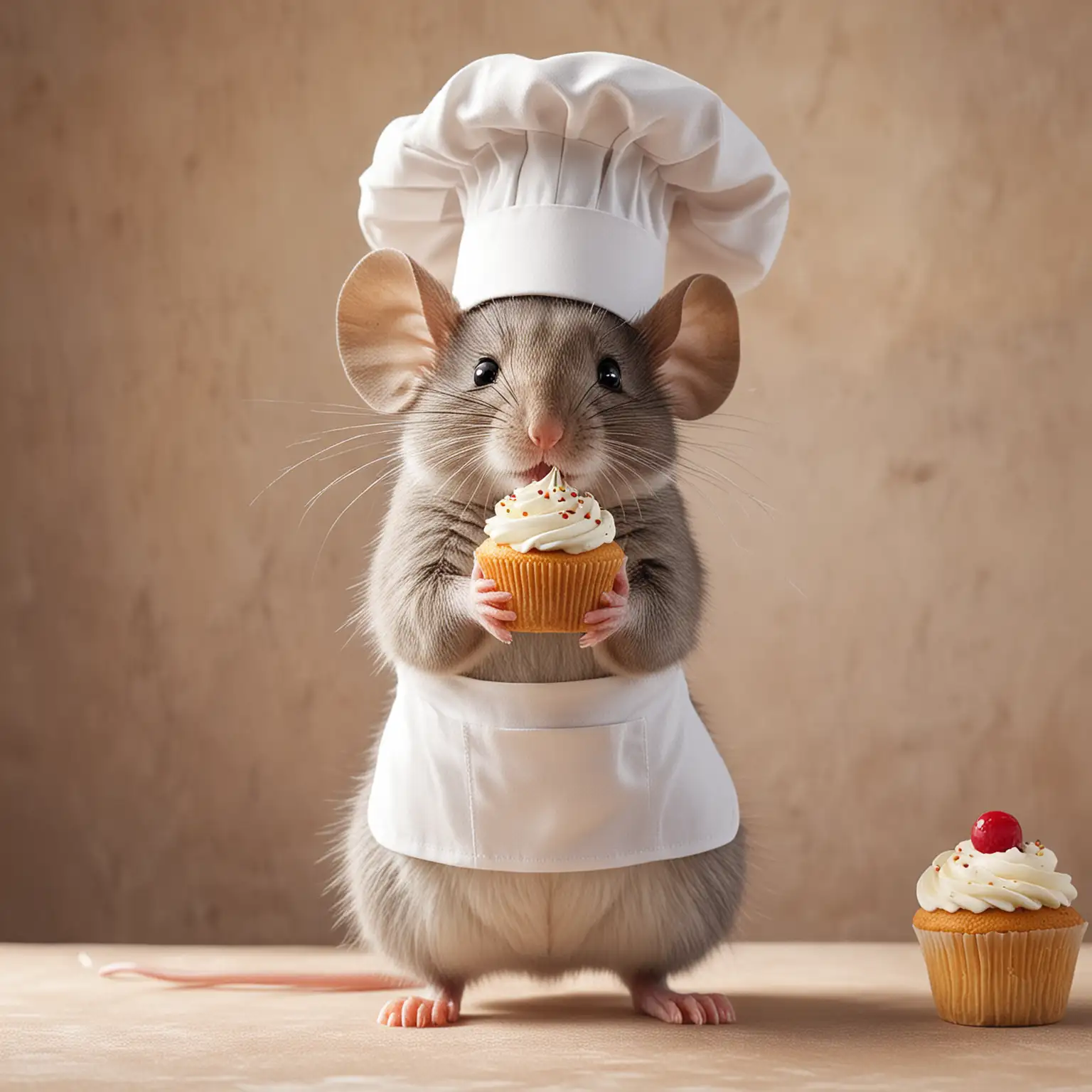 a cute mouse wearing an apron and a chef's hat, holding a cupcake. 