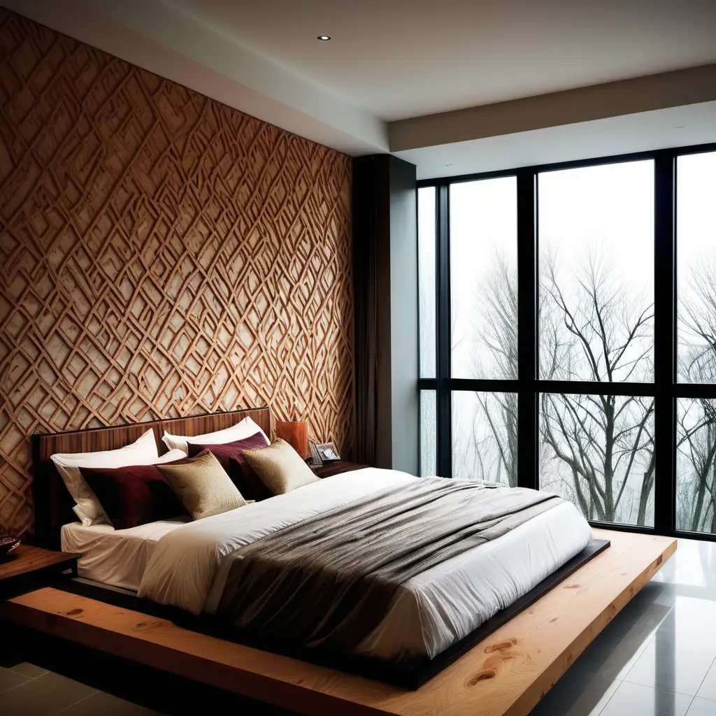 designe bed room with wood decoration and bare bed near mirror window