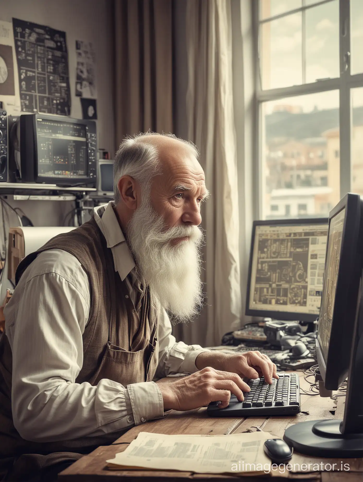 old beard man working with computer; Photoshop; textile design; modern studio; vintage style shot; room with window with the background view of mega factory.