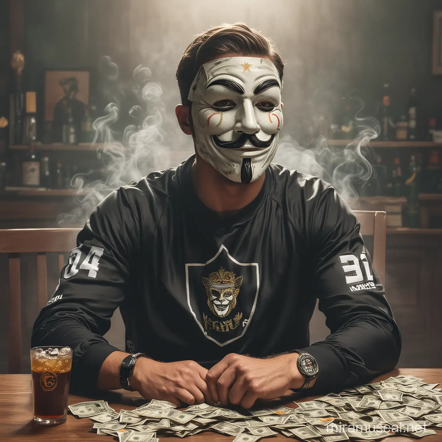 Gere um homem com máscara dos anônimos, com blusa de time e calça da Nike, fumando charuto sentado em uma mesa cheia de dinheiro com bebidas, com logotipo escrito DIAS 