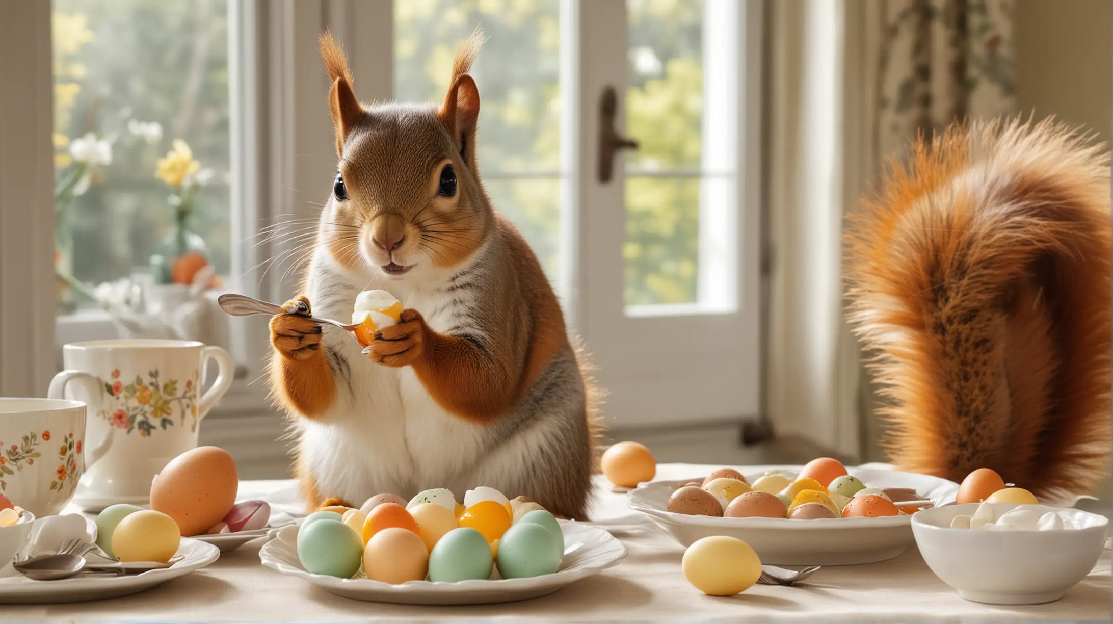 Ich hätte gerne ein buntes und witziges Bild von einem Eichhörnchen, das an einem Esstisch sitzt, einen Löffel in dem rechten Pfötchen hält und ein offenes, gekochtes Hühnerei isst. Da wir Ostern haben, sollte das Ei bunt gefärbt sein und der Tisch sollte österlich dekoriert sein. Ganz wichtig, die Schale der Eier sollte gefärbt sein.