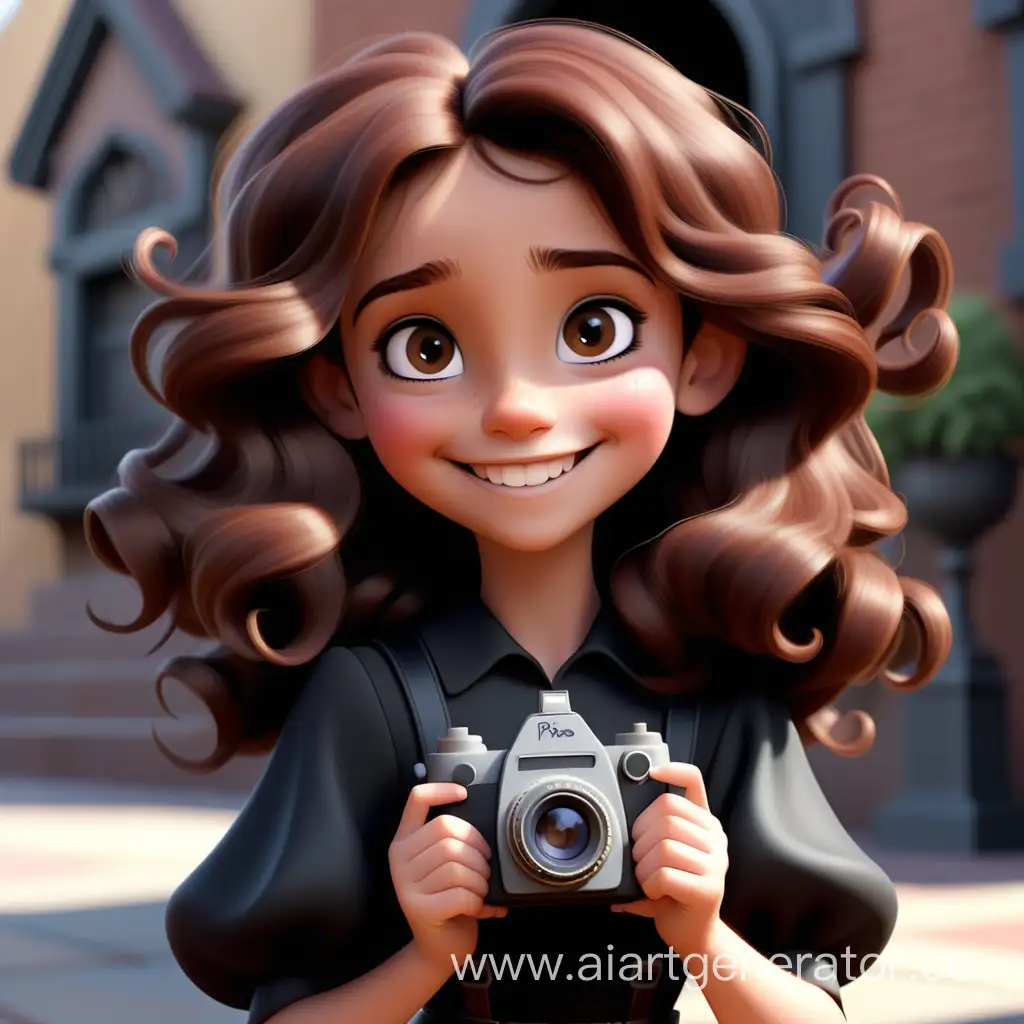 Generate an image for me in the style of Pixar and Disney, featuring a young girl with brown eyes, with medium-length dark wavy hair, in a black costume with a camera, smiling.