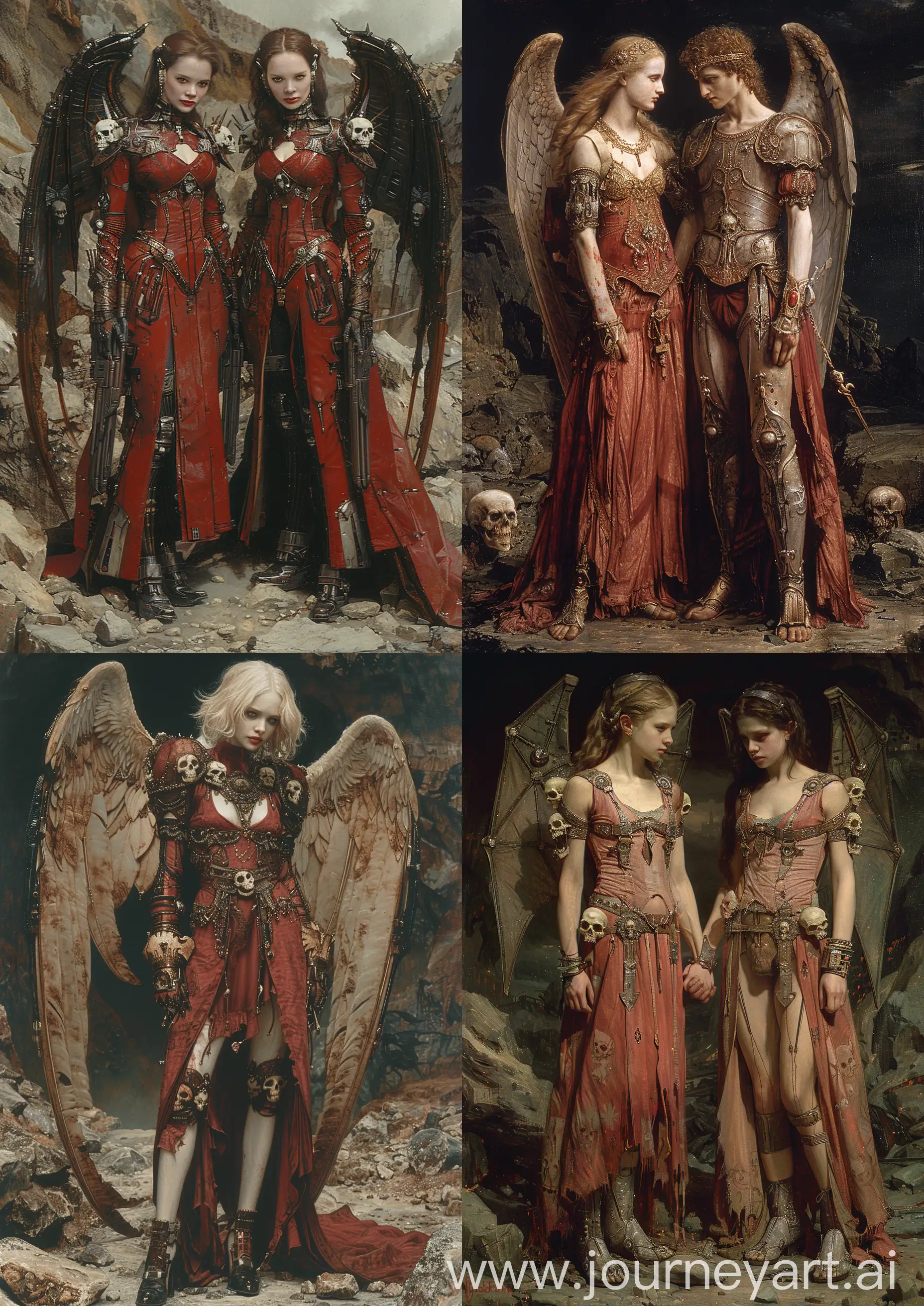 Edward Burne-Jones painting of 2 female cyborgs angels warrior wearing futuristic red clothes ornate with skulls, fighting with vampires on a battle scene, standing on rocks, earth tones, detailed, pulp retro sci fi, full body --c 22 --s 750 --v 6.0 --ar 5:7
