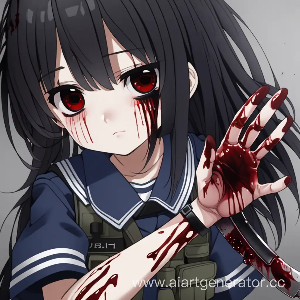 Loli, Military, Blood, 
Severed hand, Pain in Face, Black Eyes, Dark Hair, Weapon