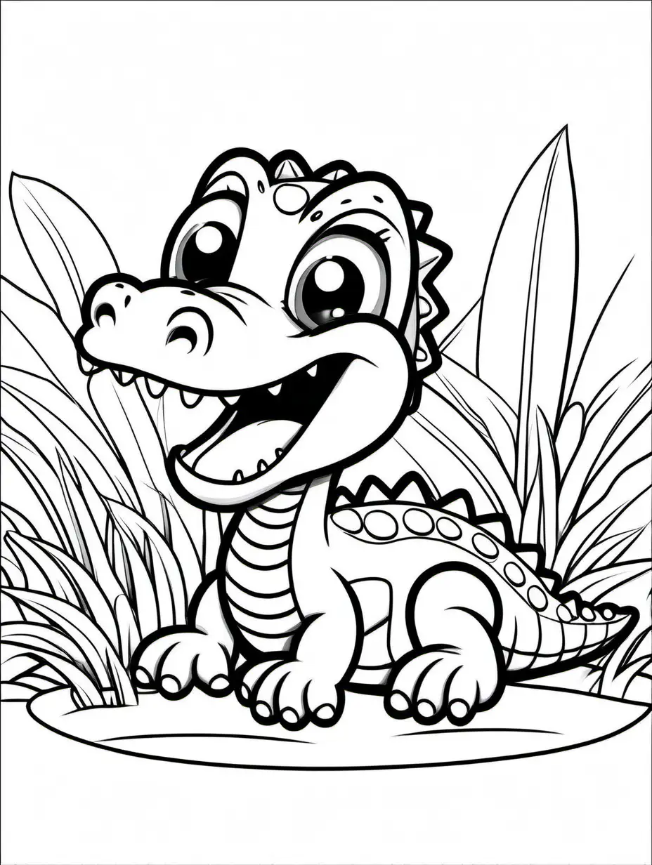Cute baby big eyed Alligator long tail curvy happy cartoon coloring page black and white line drawing, Coloring Page, black and white, line art, white background, Simplicity, Ample White Space. The background of the coloring page is plain white to make it easy for young children to color within the lines. The outlines of all the subjects are easy to distinguish, making it simple for kids to color without too much difficulty