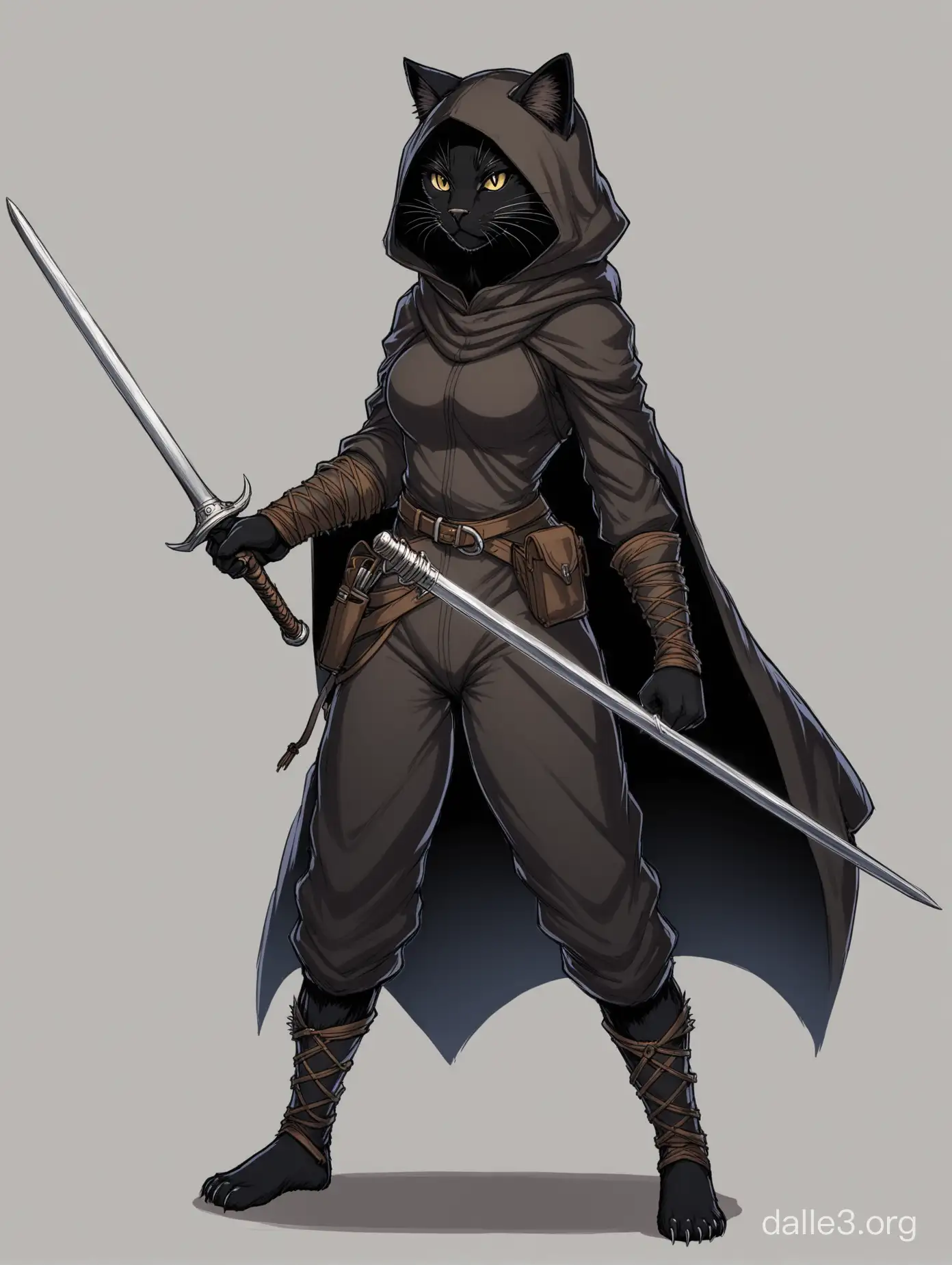 Catfolk Tabaxi female rogue holding a rapier. Inspired by a black panther cat. Wearing adventuring gear with the cloak's hood down. Black fur showing, no skin. Fencing stance. Full body portrait 