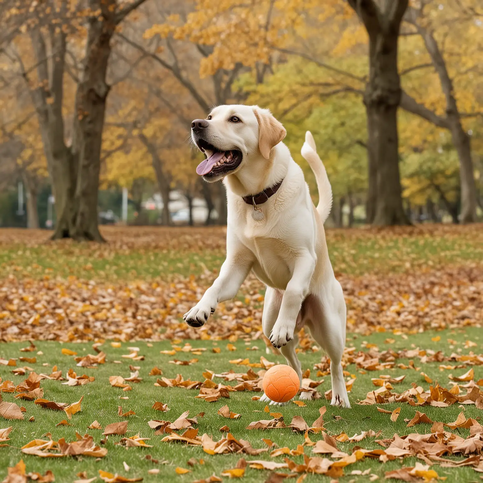 A Labrador Retriever playing fetch in a park.
