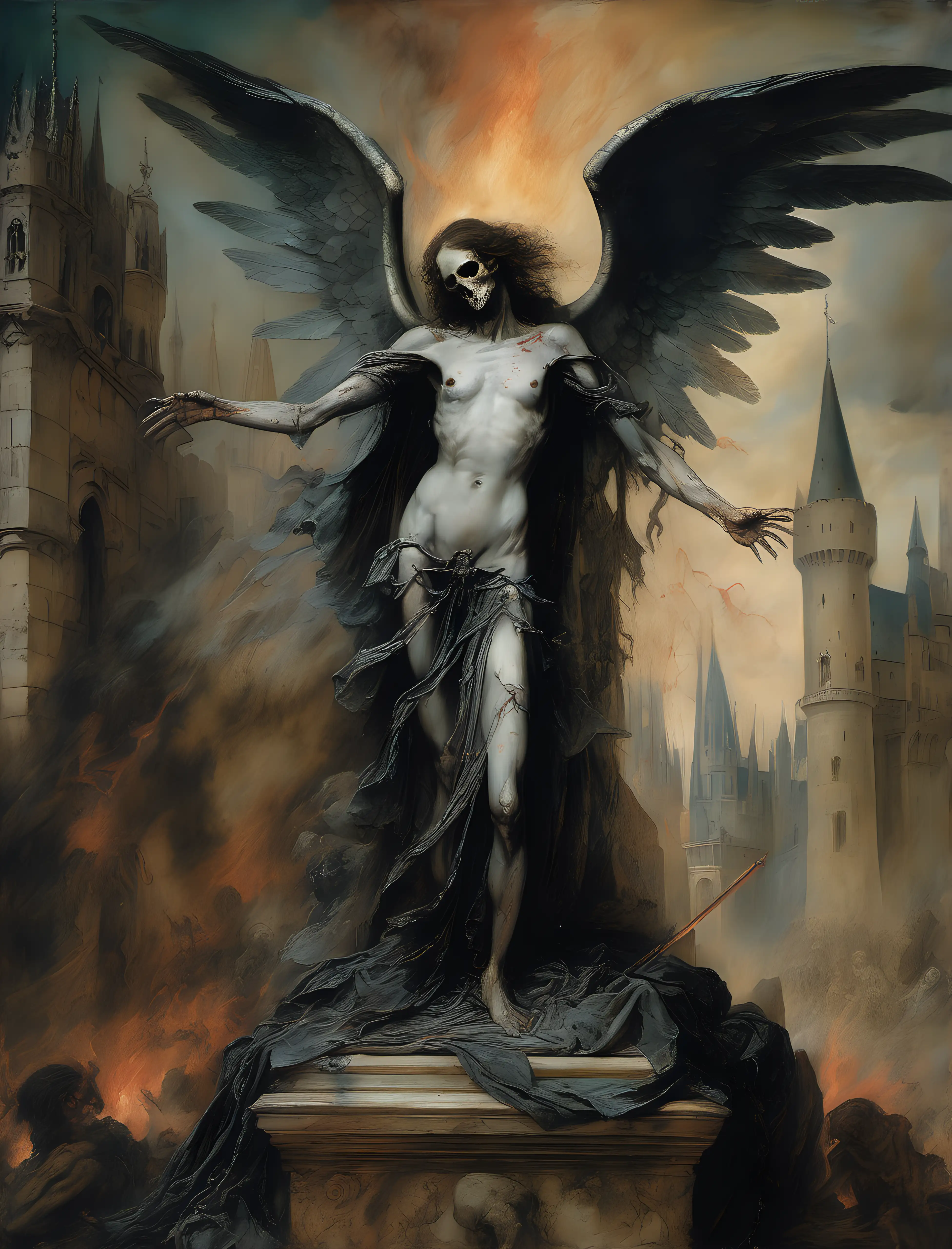 an image of an medievil angel of death condemning a non believer to hell in a castle, in the art style of gustave moreau, dark fantasy inspired, the painting is highly detailed with intricate designs in the background, highly detailed faces, violent imagery, and is faded and done with water colours, the images are dreamlike and etheral, the image looks like paint has started peeling off like on an aged painting 