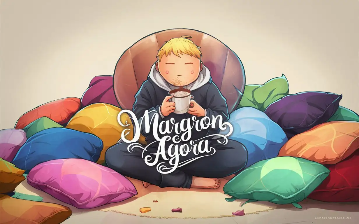 Cozy-Gamer-Aesthetic-Blond-Guy-Relaxing-with-Hot-Cocoa-in-Colorful-Cushioned-Surroundings