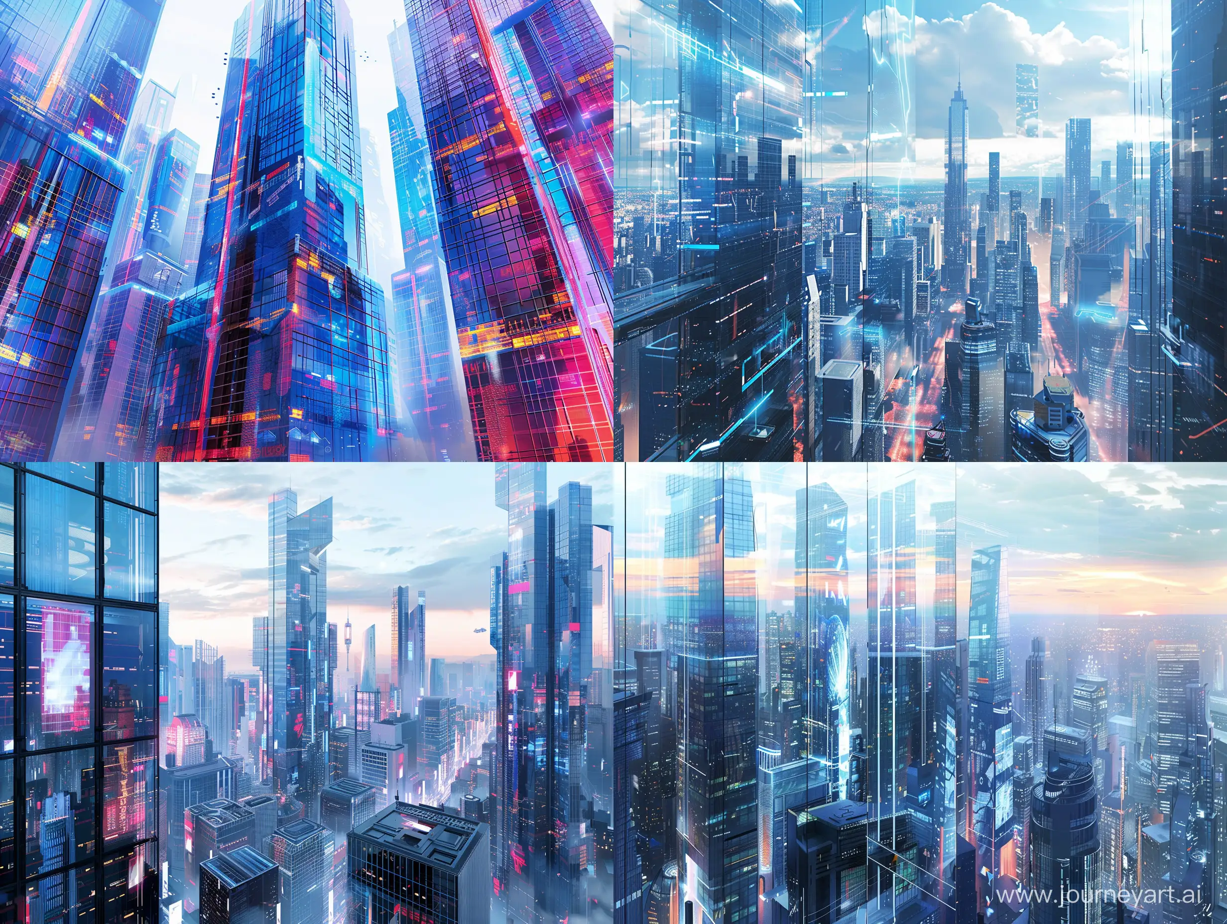 Realistic cyberpunk cityscape with skyscrapers, giant glass buildings, dazzling hologram reflections on glass facades, modern architecture, detailed cityscape, ultra realistic style