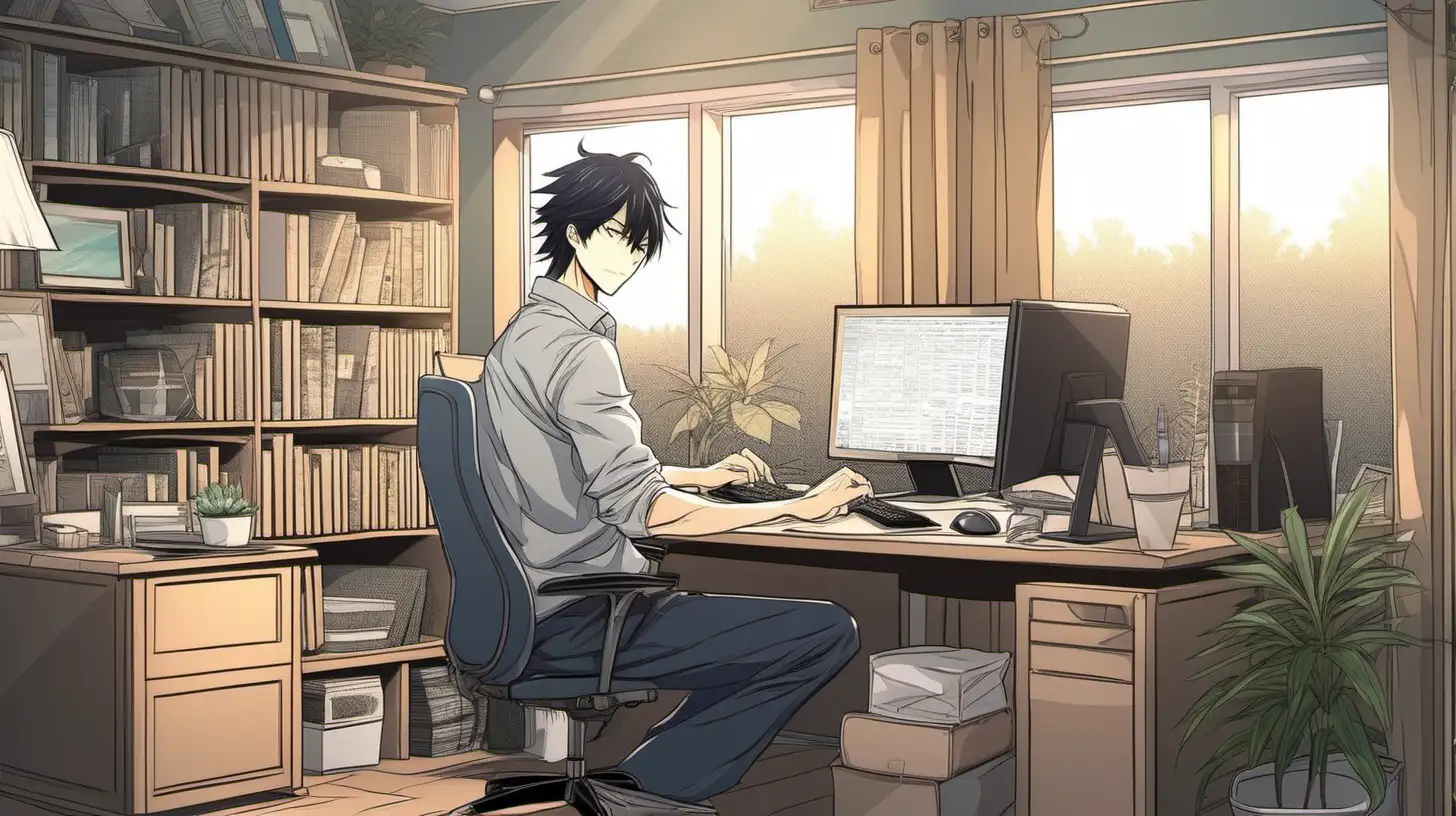 in anime style, a successful man working on his computer in his beautiful suburban home office becomes wealthy from selling items on eBay