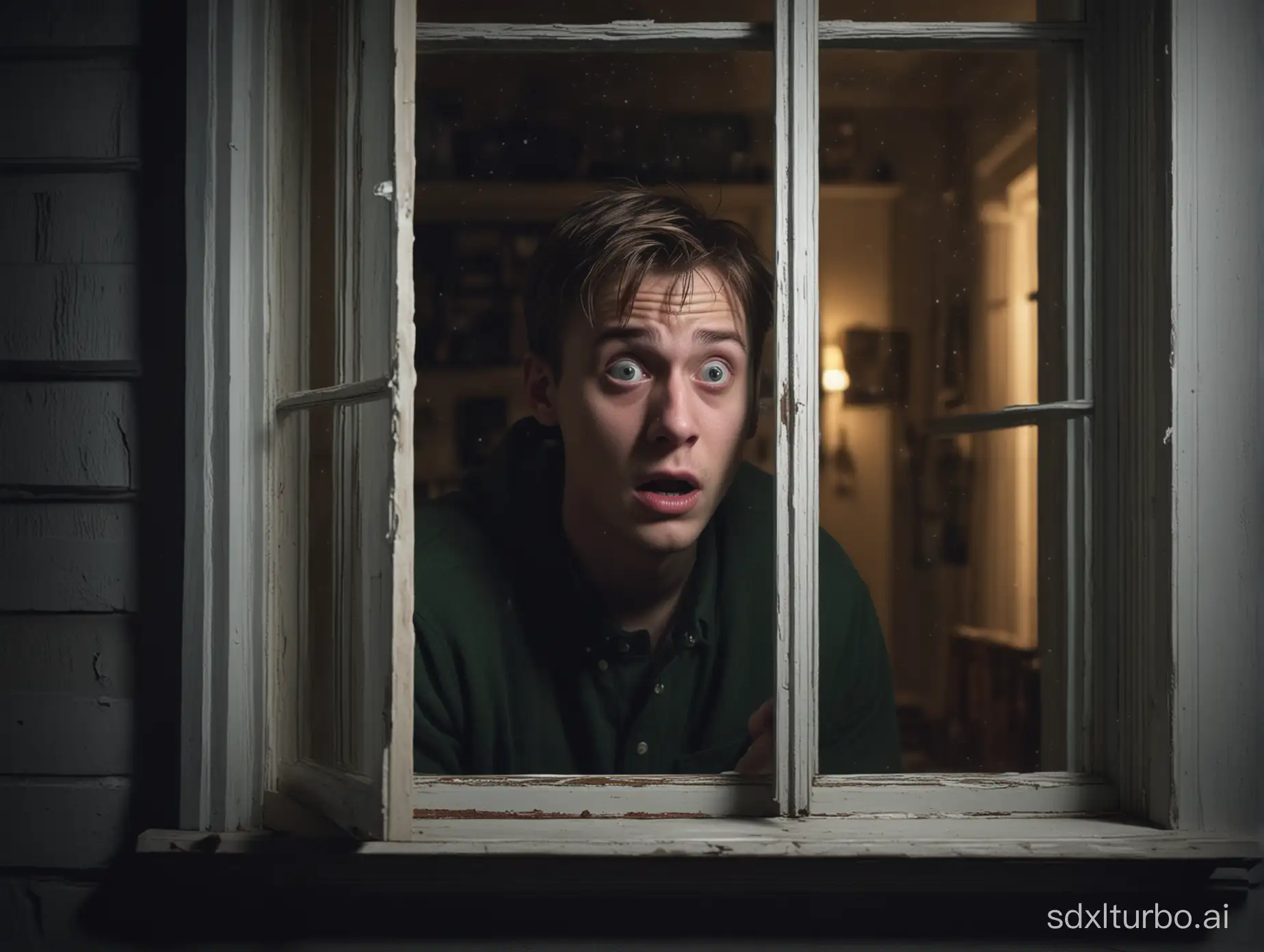 Create a high resolution, 16:9 aspect ratio, scary image about "true home alone horror stories"? The image must be photorealistic, colorful, mysterious, night lights, one scared young man watching through window, atmospheric, catchy, must pop and catch attention.