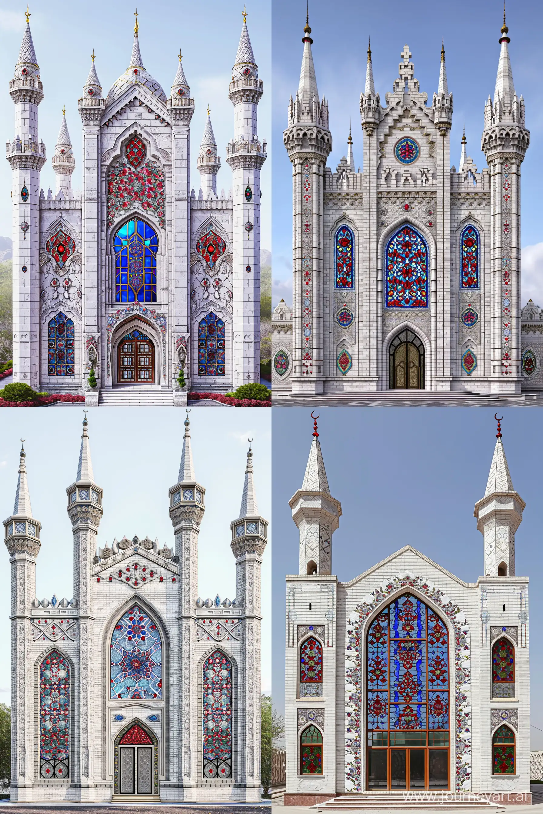 a Timurid style mosque, White marbled brick exterior, tall iwan, stained glass windows, red blue persian floral motifs on spandrels, red blue gems and rubies embedded on arabesque ornaments, thin spires, full view, front view --ar 10:15