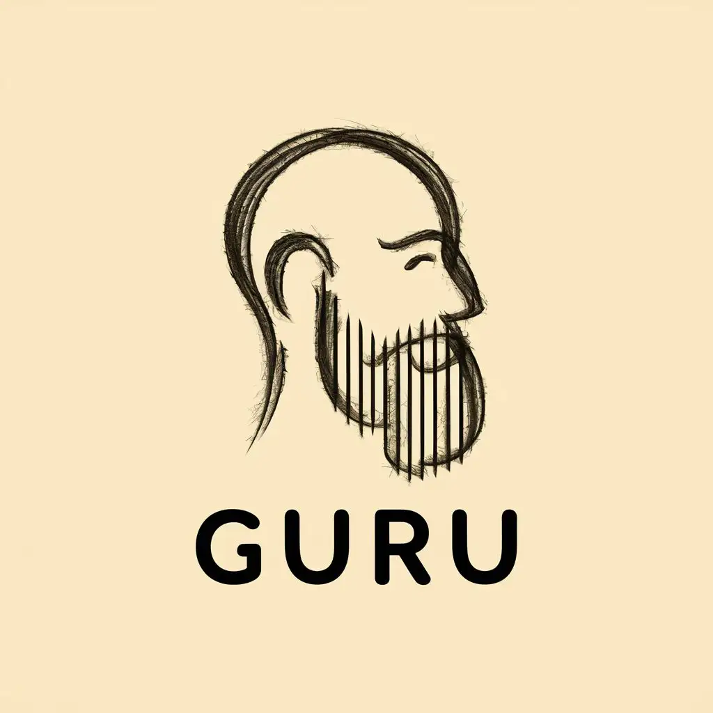 logo, sketch figure of a profile face of bearded man drawn using single continuous line, with the text "Guru", typography, be used in Entertainment industry
