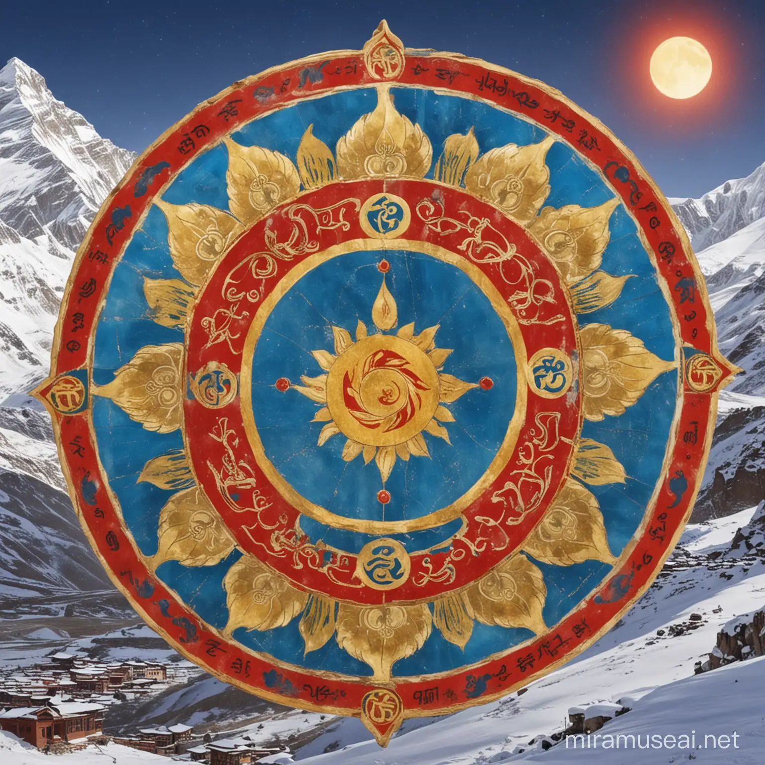Dharmachakra， lotus， Om mani padme hum, Tibet, blue, gold, red, snow mountain. sun, moon