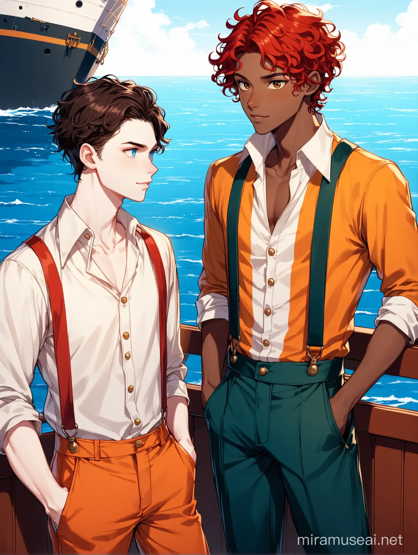 Wylan (red curls boy, pale skin and blue eyes, undersized, 26 years old) is talking seriously with Jesper (light-dark skin boy, short dark hair, lanky, brown eyes, 27 years old) near the rail of a ship sailing on the sea. Jesper is dressed in a bright outfit: shirt, trousers with suspenders.