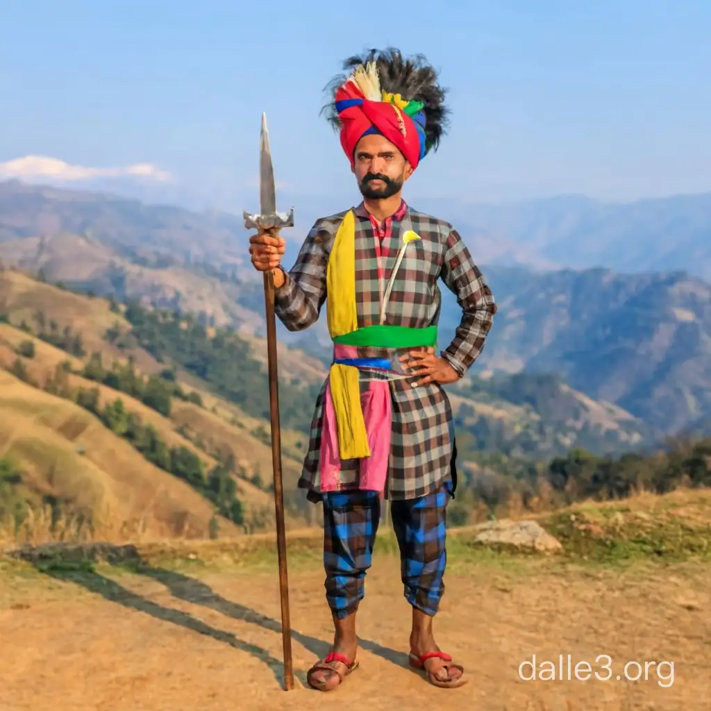 Kumaoni male standing with traditional dress, brahmakamal, sword in offencive action