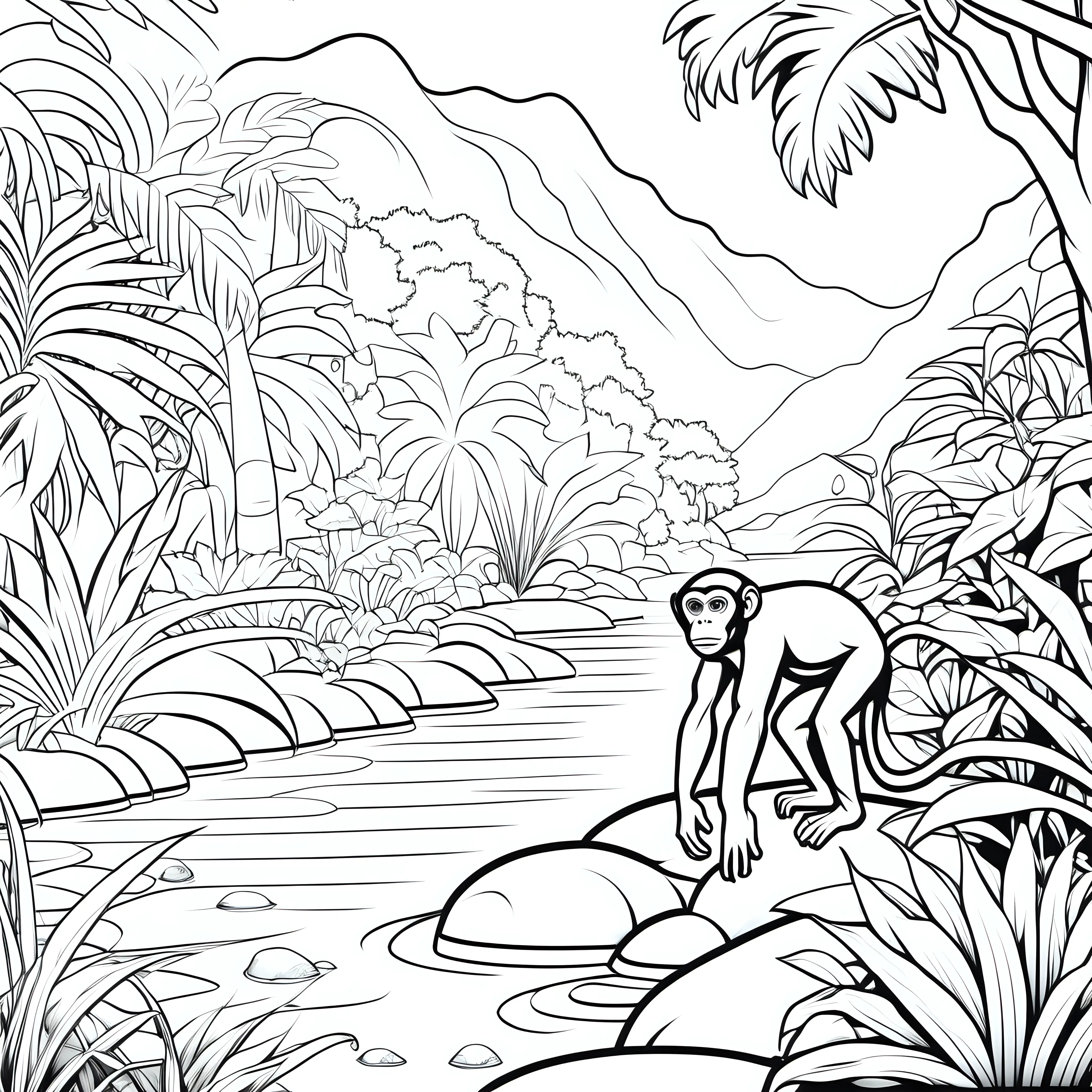 Adorable Monkey Coloring Page in the Serene Garden of Eden