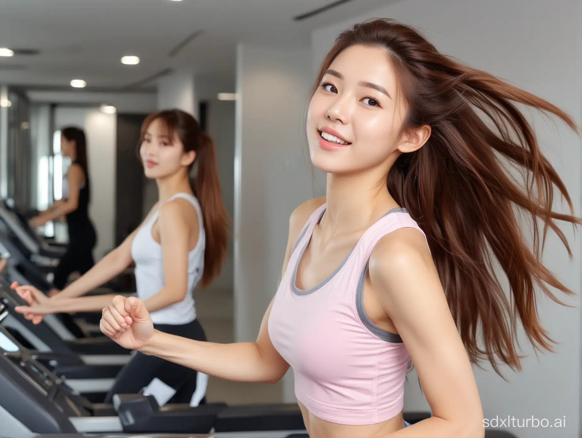 Beautiful long-haired girl with Korean idol face running on treadmill, side view