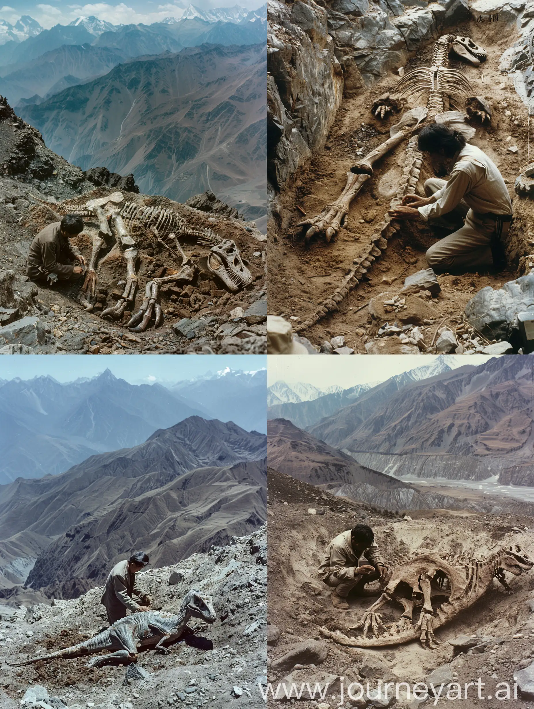 on top of himalaya, a biologist find mummified dinosaur body in the style of H.R.Giger buried in soil, china, 1980s 