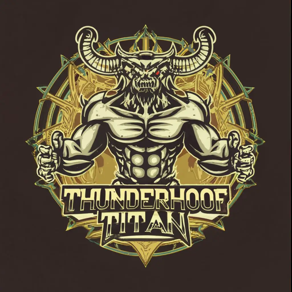 a logo design,with the text 'thunderhoof titan', main symbol:huge mascular with fangs and horns ,complex,clear background