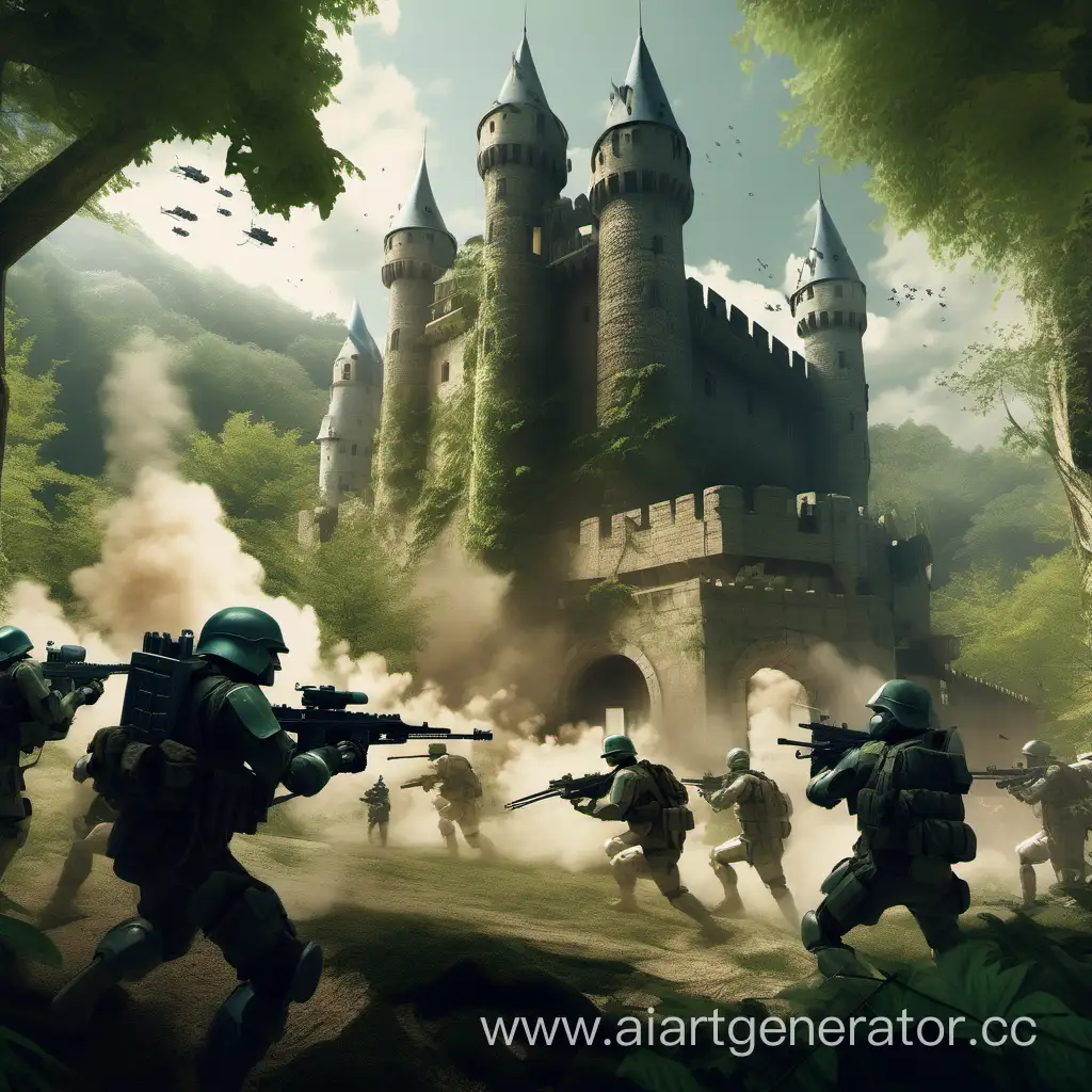 Futuristic-Battle-at-Medieval-Castle-Advanced-Tank-and-Infantry-in-Forest-Assault