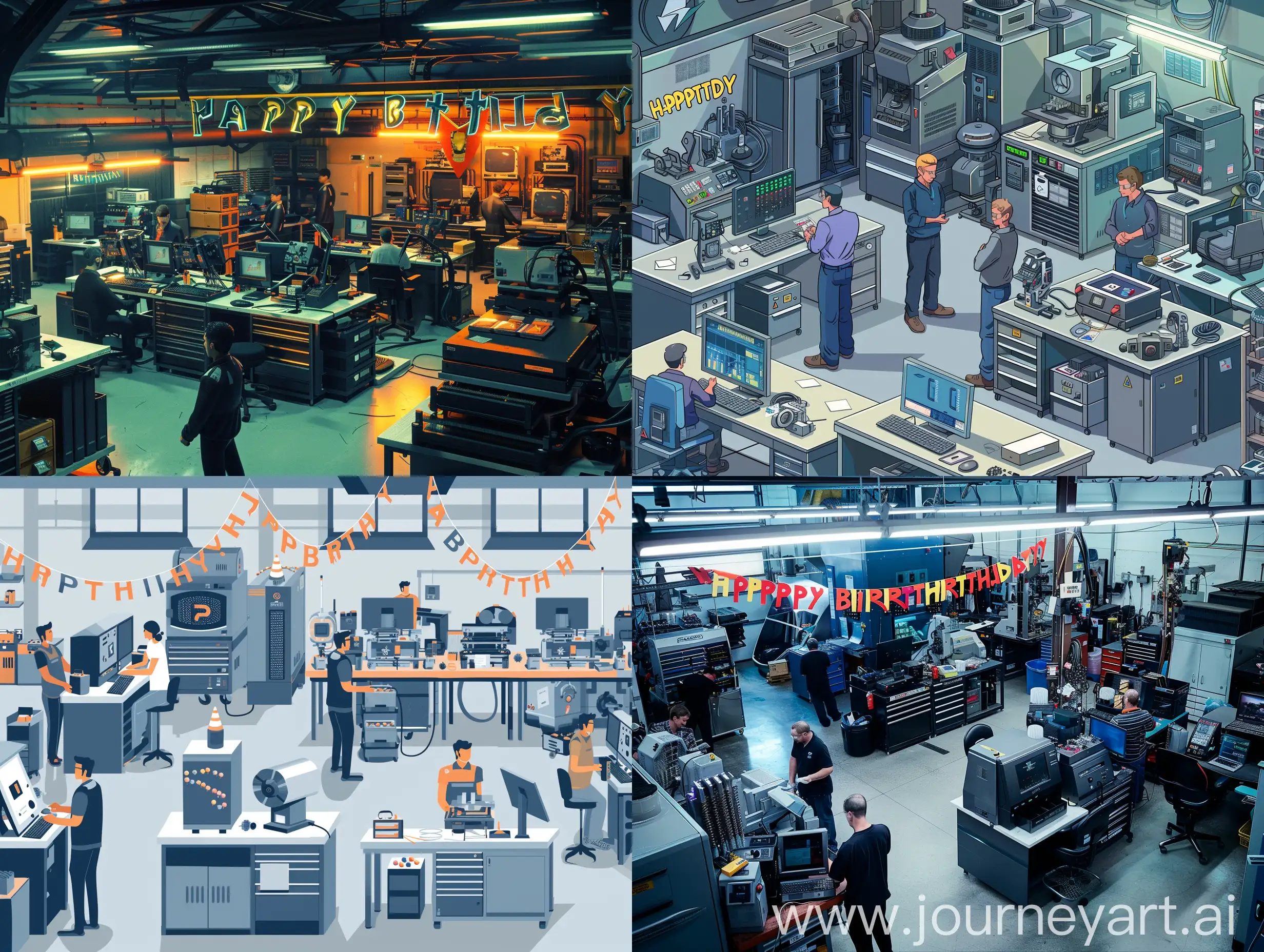 A garage full of machines and computers with 4 male workers and 1 female worker. Add a Garland saying "Happy Birthday"