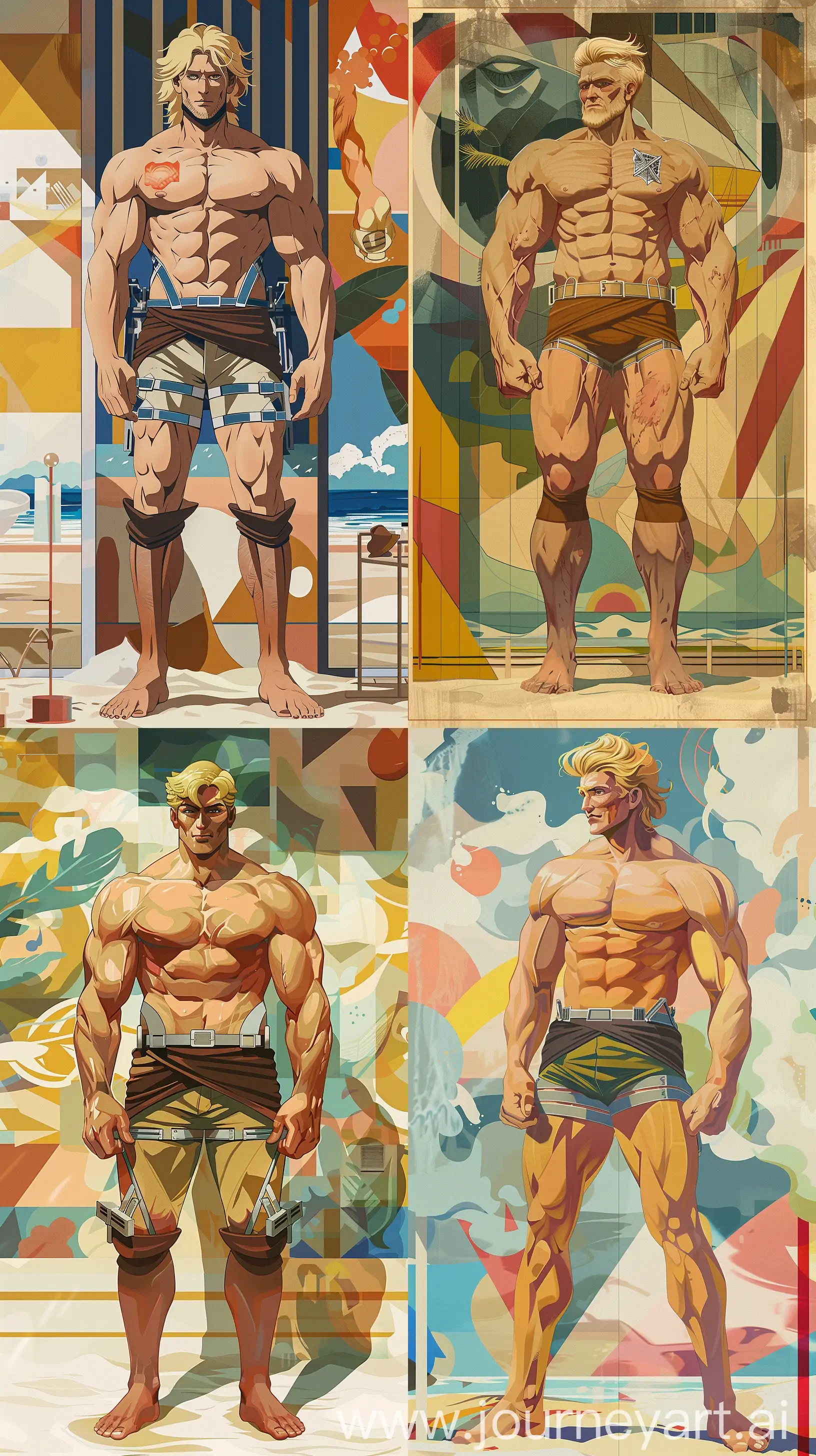 Generate a phone wallpaper that portrays Reiner Braun as a 50-year-old man, imagining his life beyond the "Attack on Titan" series. Depict him as a big, strong, blonde, and muscular figure, wearing a a short  at beach, chest hair , with a serene expression. His posture is relaxed, and he's surrounded by a Du Pasquier-esque vibrant domestic setting, complete with abstract shapes and patterns that reflect his complex past and a more peaceful present. --ar 9:16
