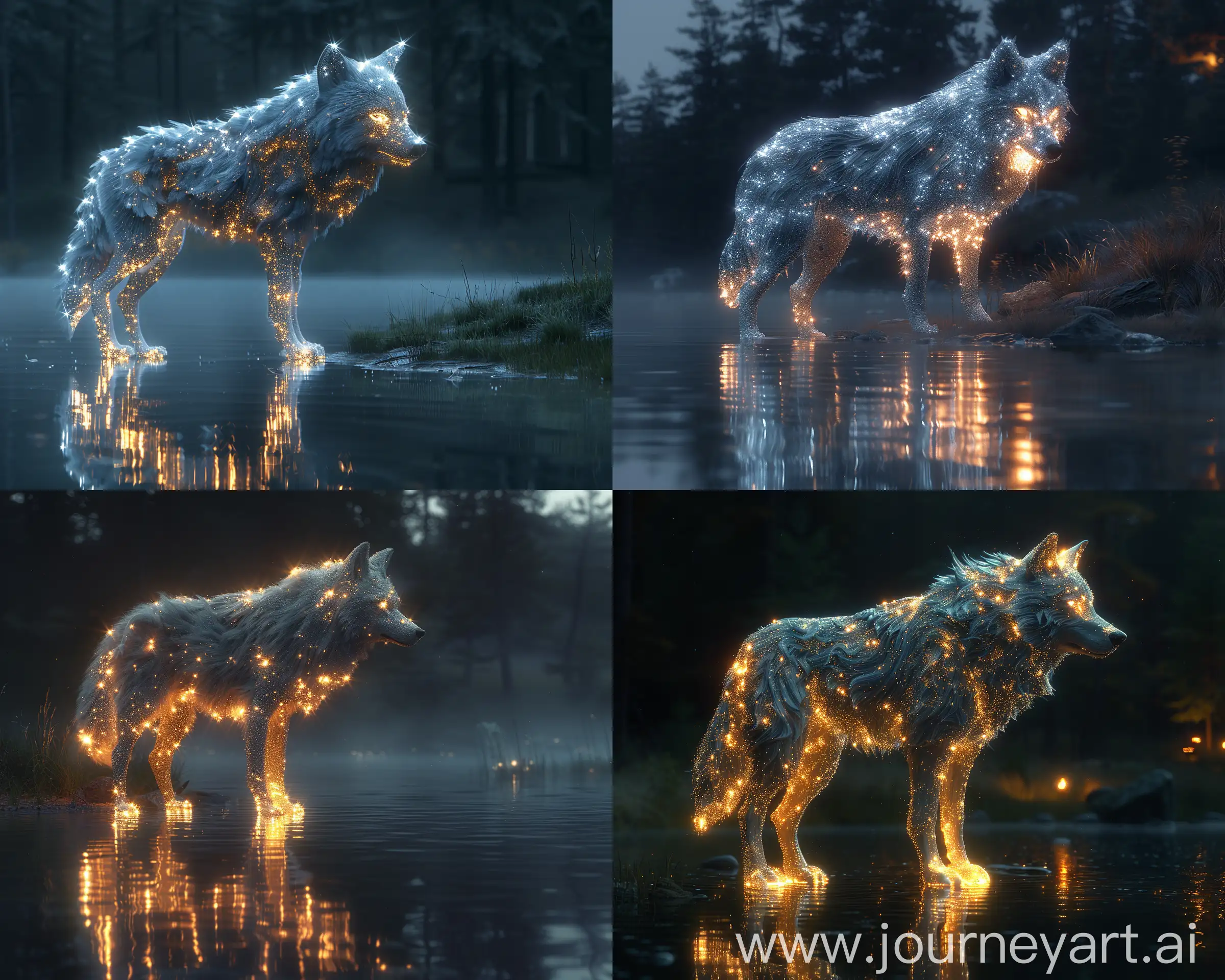 3D photorealistic final render Intricate patronus of a wolf made of starry silver light, glowing patronus standing next to a lake, darkness, lake reflects the patronus, harry potter inspired --ar 5:4 --s 750