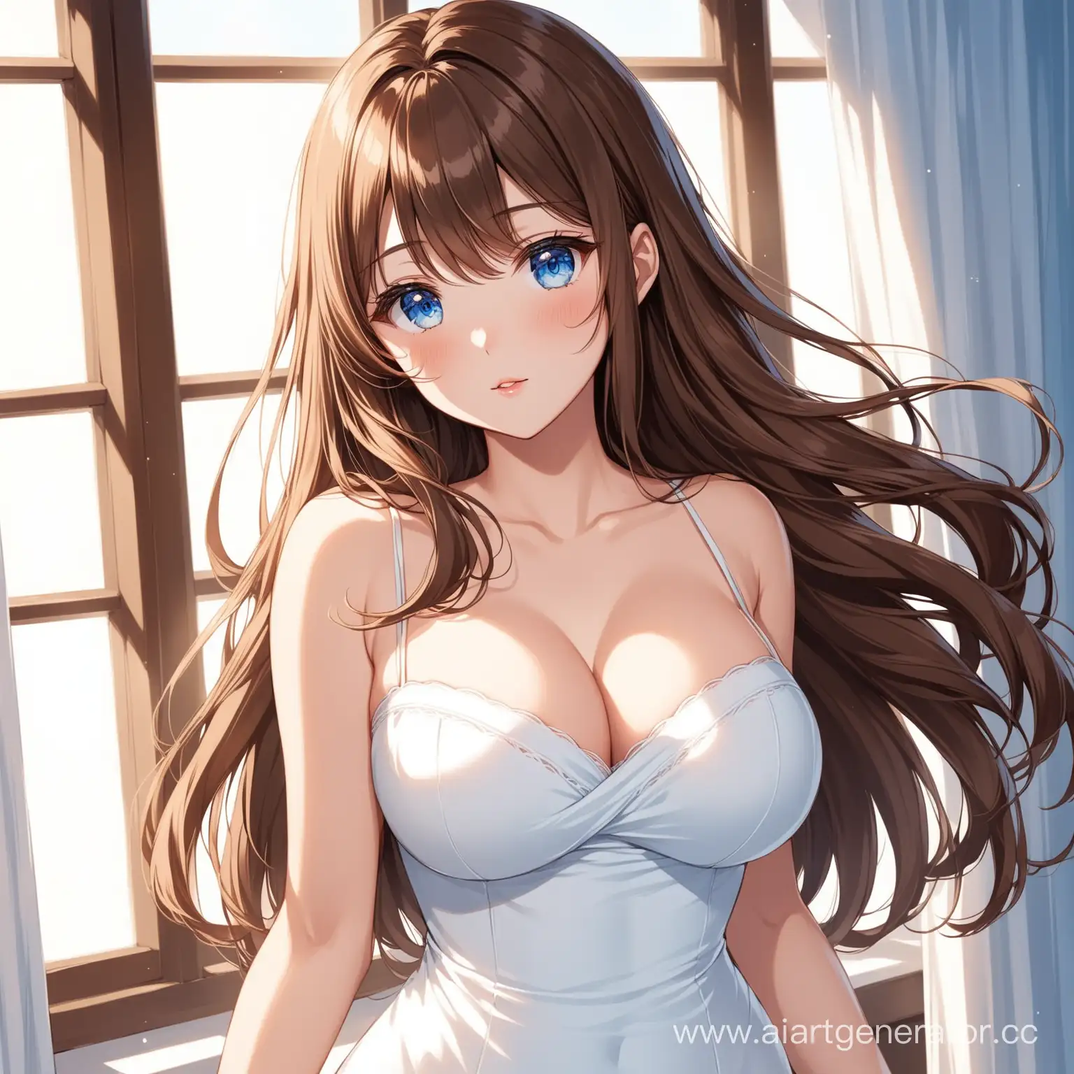 Anime-Goddess-in-White-FormFitting-Gown-with-Blue-Eyes-and-Brown-Wavy-Hair