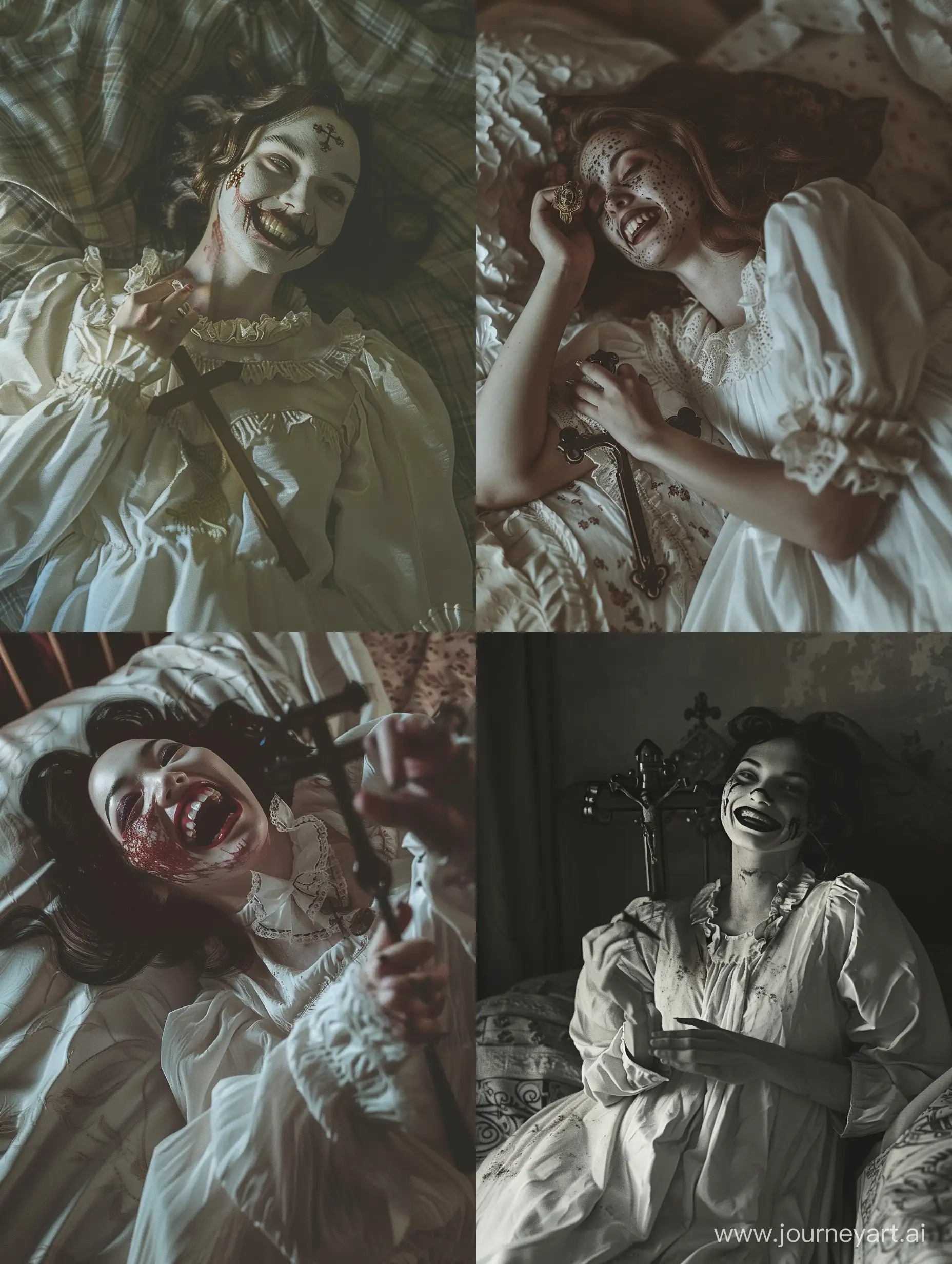A woman with a sinister grin on her face, wearing a white gown, lying on a bed with her face covered in 🩸 , holding a cross in their hand, in the style of gothic horror, saturated, dark horror, taken on provia