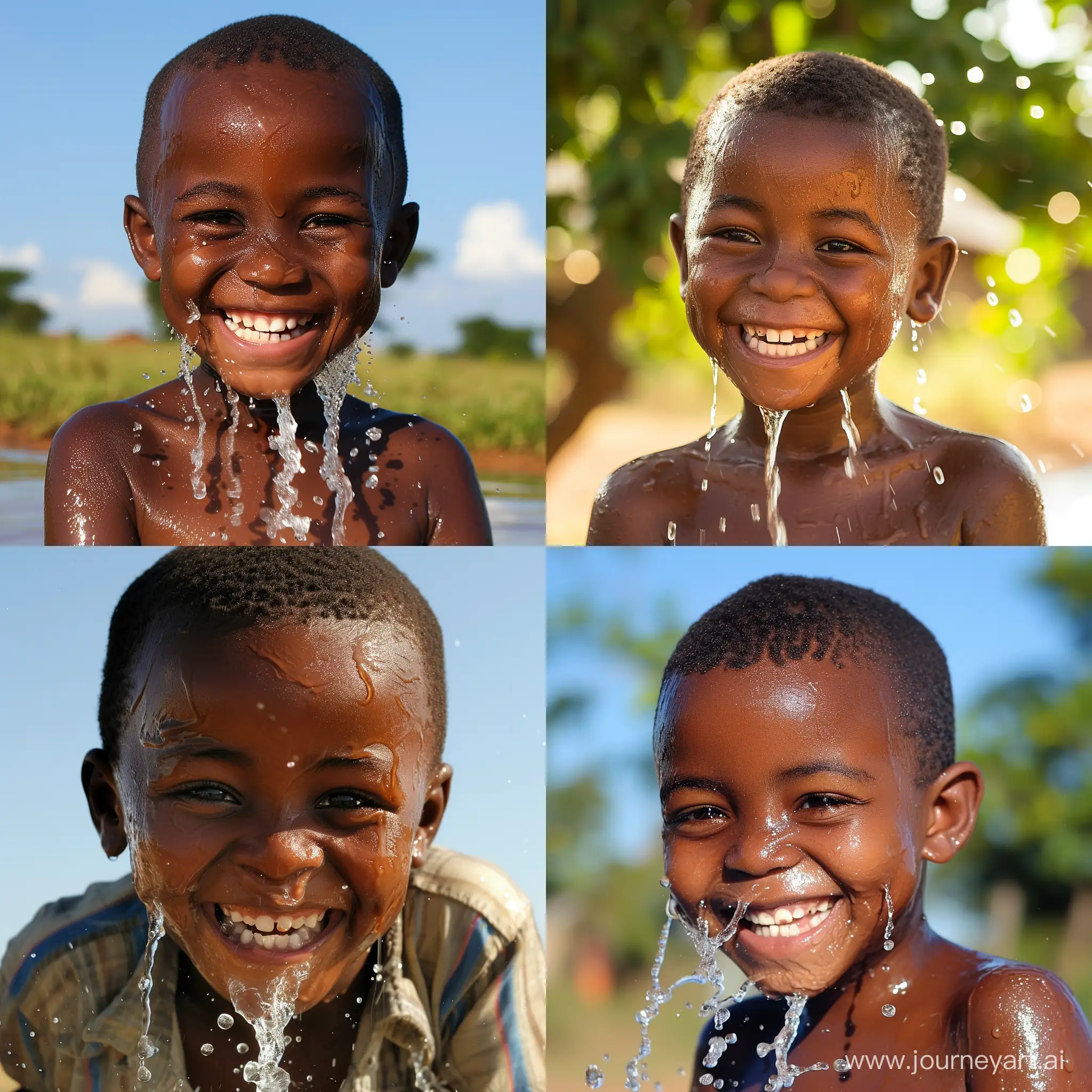 African boy smiling with water flowing down his face on a sunny day