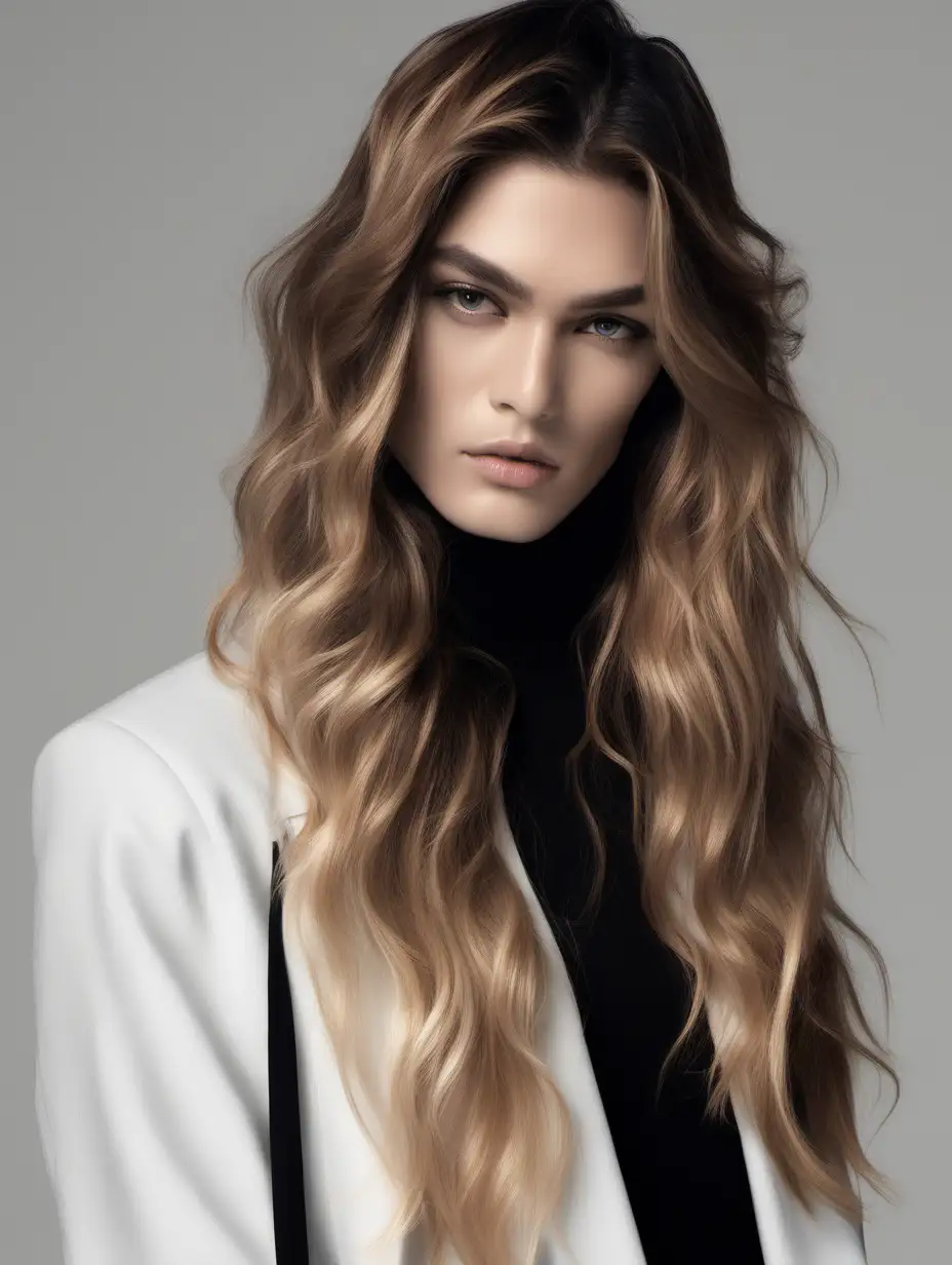give me a model with beautiful long balayage hair, make him wear black clothing, make the background be neutral