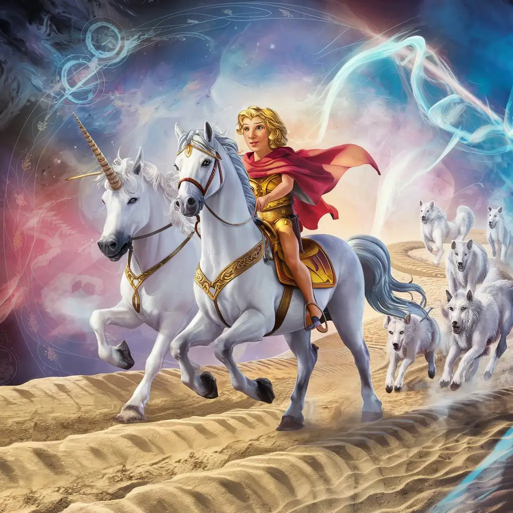 Cartoon Fantasy White Stallions and Horned Unicorns Galloping with Wolves in Astral Dreamscapes