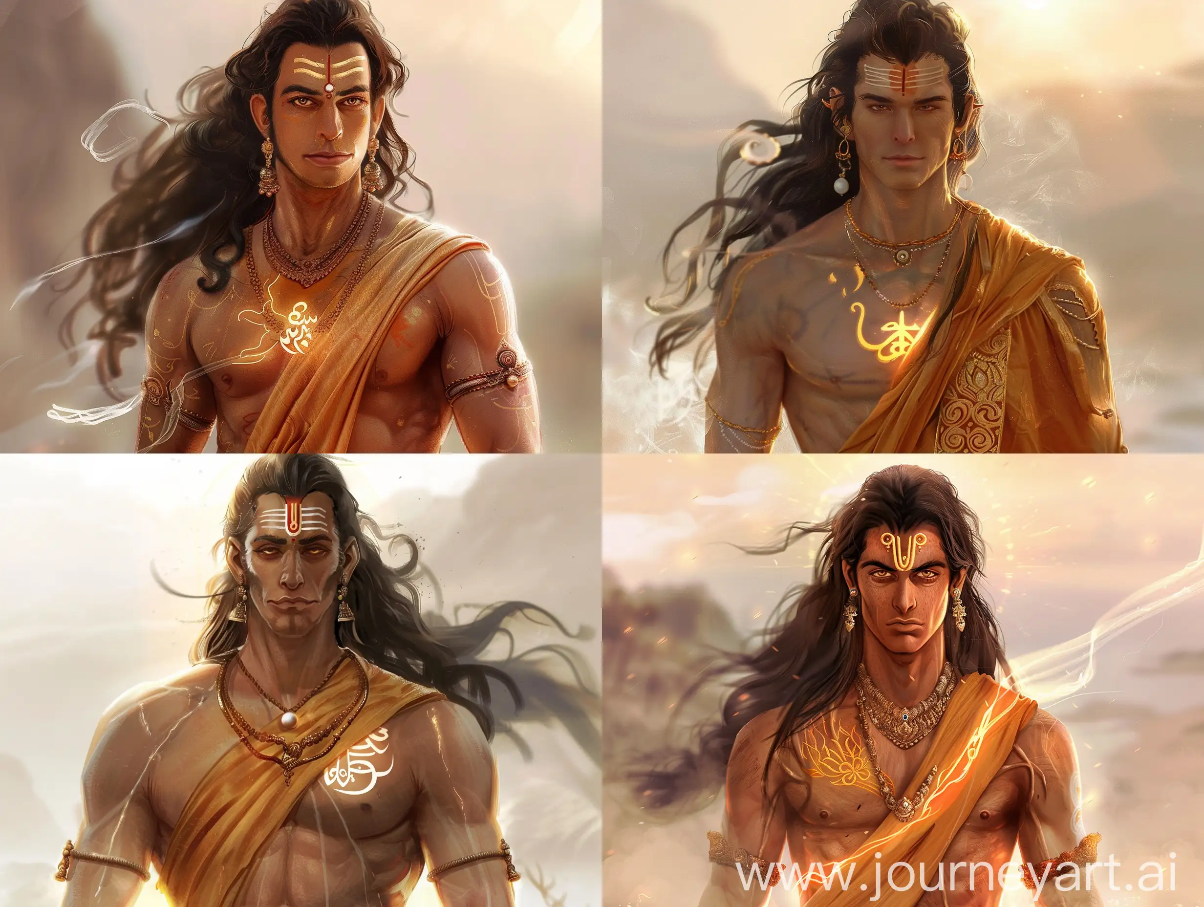 Subject: Lord Hanuman  Style: Hyper-realistic, highly detailed  Pose: Standing tall with a powerful stance, radiating strength and confidence.  Appearance:  Skin: Light brown, with realistic texture and subtle variations in tone. Musculature: Well-defined and toned, showcasing his immense strength. Clothing: Dhoti (traditional Indian garment) made of saffron-colored silk, adorned with intricate gold embroidery. Jewelry: Large, ornate earrings and a single pearl necklace. Hair: Long, jet-black hair, meticulously detailed, with some strands swept back and others flowing freely. Face: Expressive and wise, with a slightly furrowed brow and a hint of a smile. Eyes: Large, golden eyes, radiating power and determination. Aura:  A powerful, golden aura surrounds Lord Hanuman, emanating from his body and extending outwards. The aura should be subtle but impactful, resembling a luminous mist. Include subtle hints of fire within the aura, symbolizing his inner strength and devotion. Background:  Use a soft, blurred background to emphasize Lord Hanuman as the central focus. The background could depict a peaceful mountain landscape or a serene sunrise. Additional details:  Include the Hanuman Chalisa symbol (Sanskrit script "Om" within a lotus flower) on his chest, faintly glowing with a soft white light. Ensure the image is respectful and adheres to the traditional depiction of Lord Hanuman. Optional details:  You can add a subtle wind blowing through Lord Hanuman's hair and clothes, further emphasizing his power. Include a single tear rolling down his cheek, signifying his unwavering devotion and compassion.