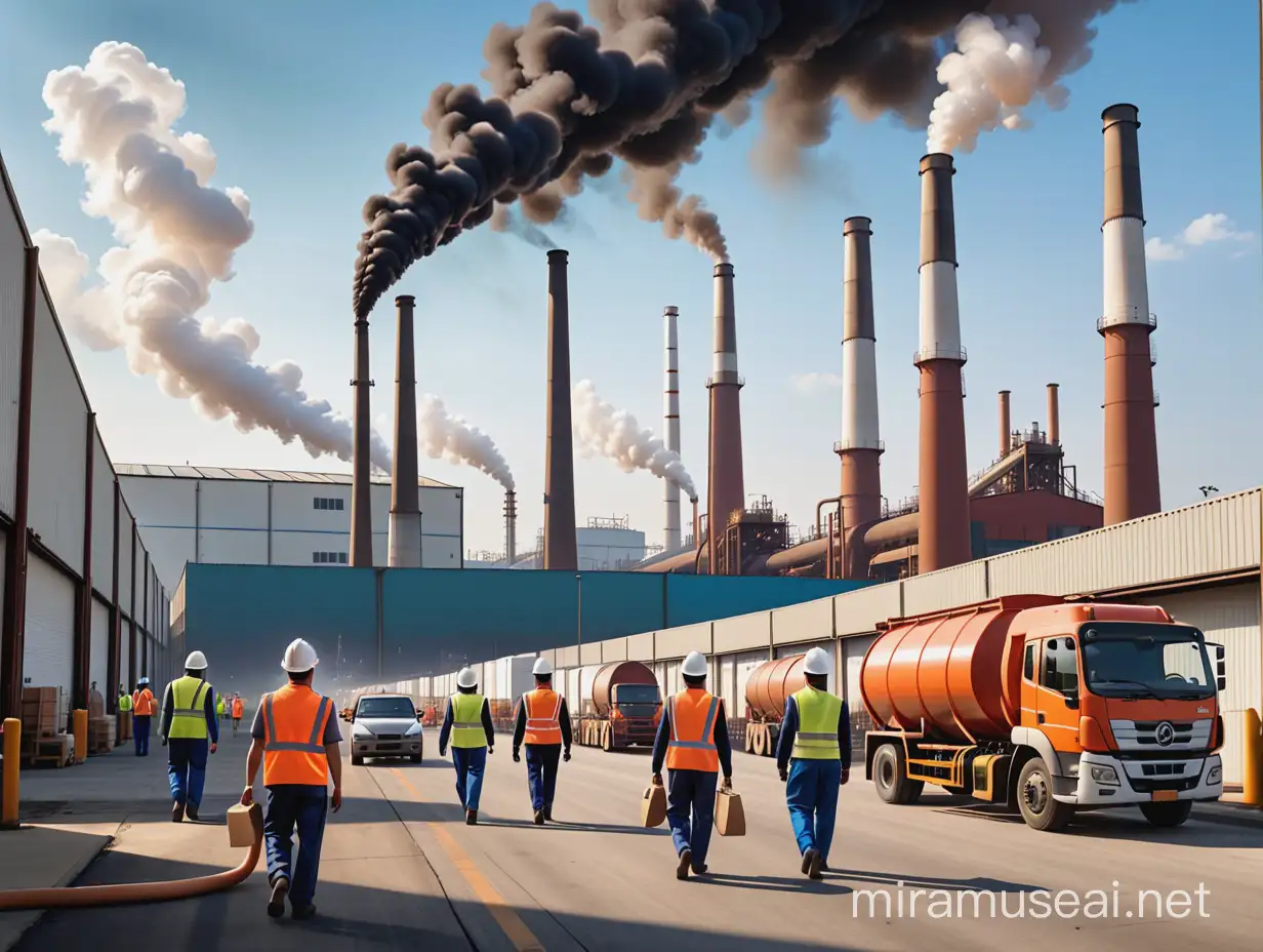 In the foreground, a bustling industrial park thrives within an EDD. Modern factories with smoke stacks reaching for the sky operate alongside warehouses and efficient transportation networks. Workers in hard hats and vests move purposefully.
