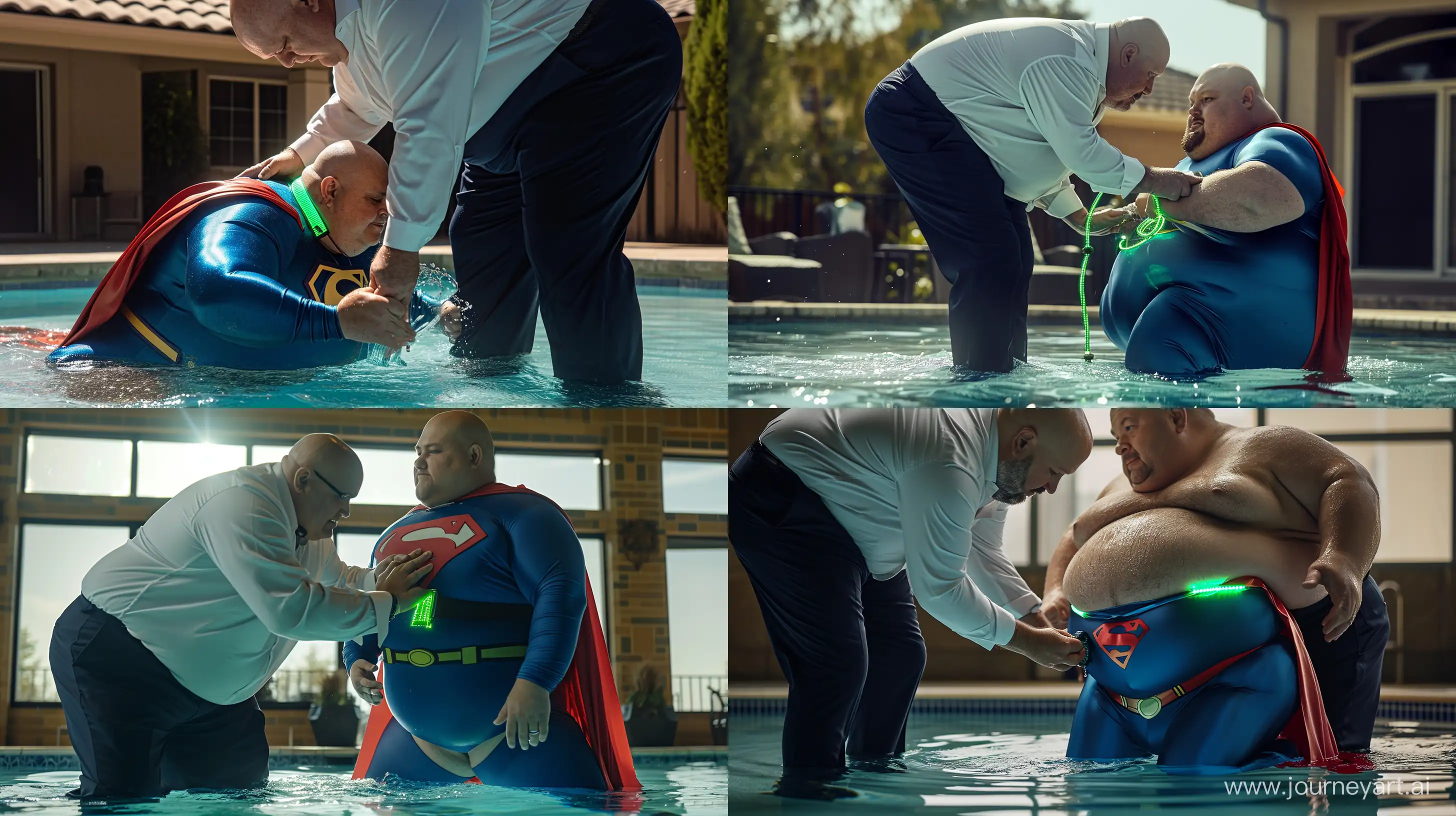 A closeup photo of a chubby man aged 60 silky navy business pants and a white shirt, bending behind and tightening a green glowing small short dog collar on the nape of another big chested chubby man aged 60 kneeling in the water and wearing a tight blue silky superman costume with a large red cape. Swimming Pool. Natural Light. Bald. Clean Shaven. --style raw --ar 16:9 --v 6