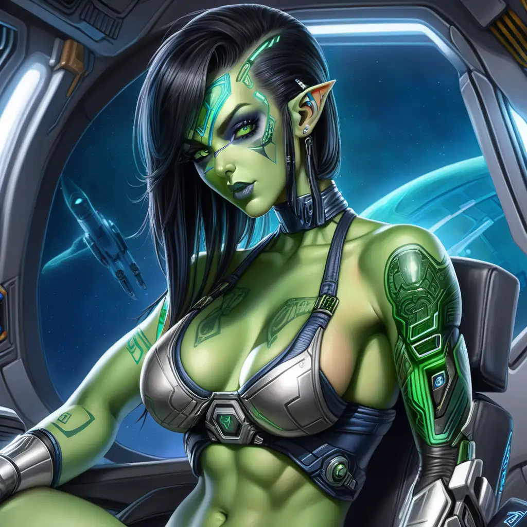 fututistic cyber elfwoman with green skin, dark hair, and a toned athletic build. her short tusks integrate with the cybernetic head peice to give her a sexy cyberpunk blue circuit tattoo on her face. this girlboss Fey woman is casually lounging against a stolen spaceship.  she has a come-hither-or-don't debonair attitude. aloof, confident, and inviting. her tight top is bursting at the seems as he magnificent breast threaten to fall out of her top