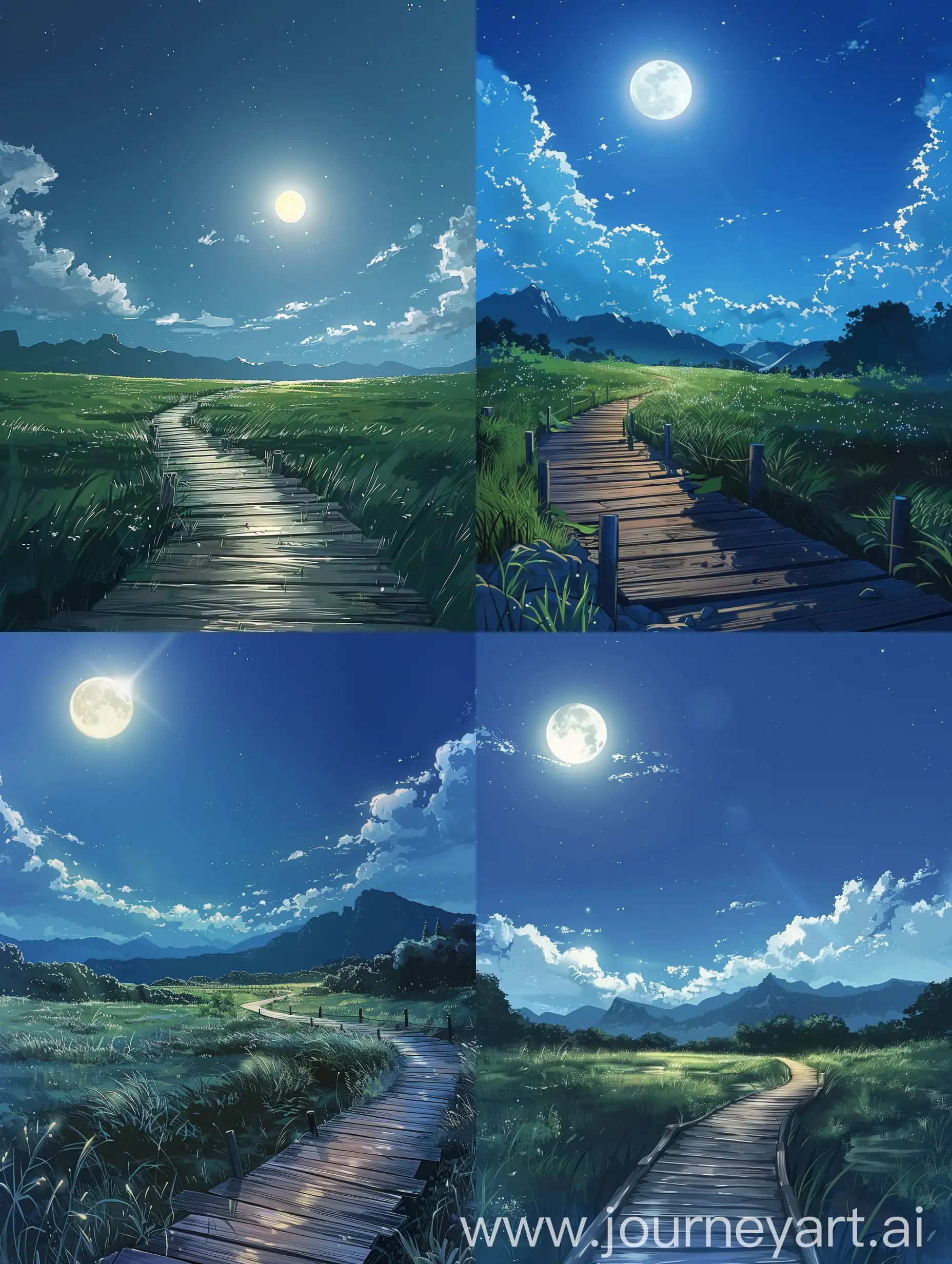 Anime style a peaceful night scene in a natural setting. A wooden walkway meanders through a grass-covered field, leading towards a range of mountains in the distance. The sky above is clear, showcasing the bright moon and a scattering of clouds, which bathes the landscape in a soft, ethereal light. The overall atmosphere of the image is one of calm and serenity.