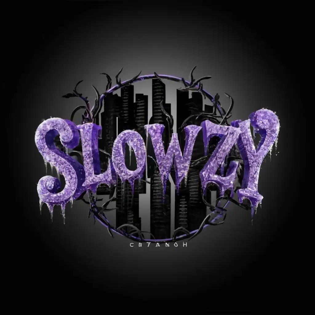 a logo design,with the text "Slowzy", main symbol:3d creepy style text saying "SLOWZY" with black and dark purple vines and border with grey city and sparkles around it and aggressive lines,complex,be used in Retail industry,clear background