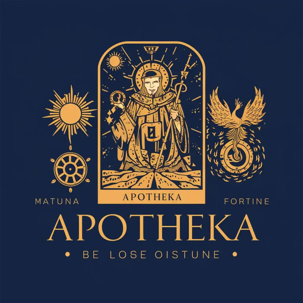 logo, Tarot style Mage with Wheel of fortune and the Sun and a Phoenix, with the text "APOTHEKA", typography, be used in Religious industry