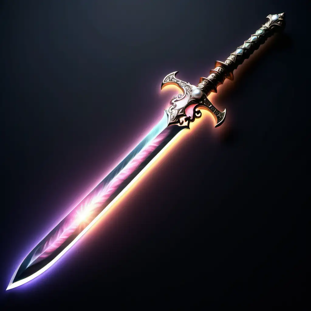 An luminous sword with a sunset image on its surface.  Glowing pearl adorns the handle and guard.