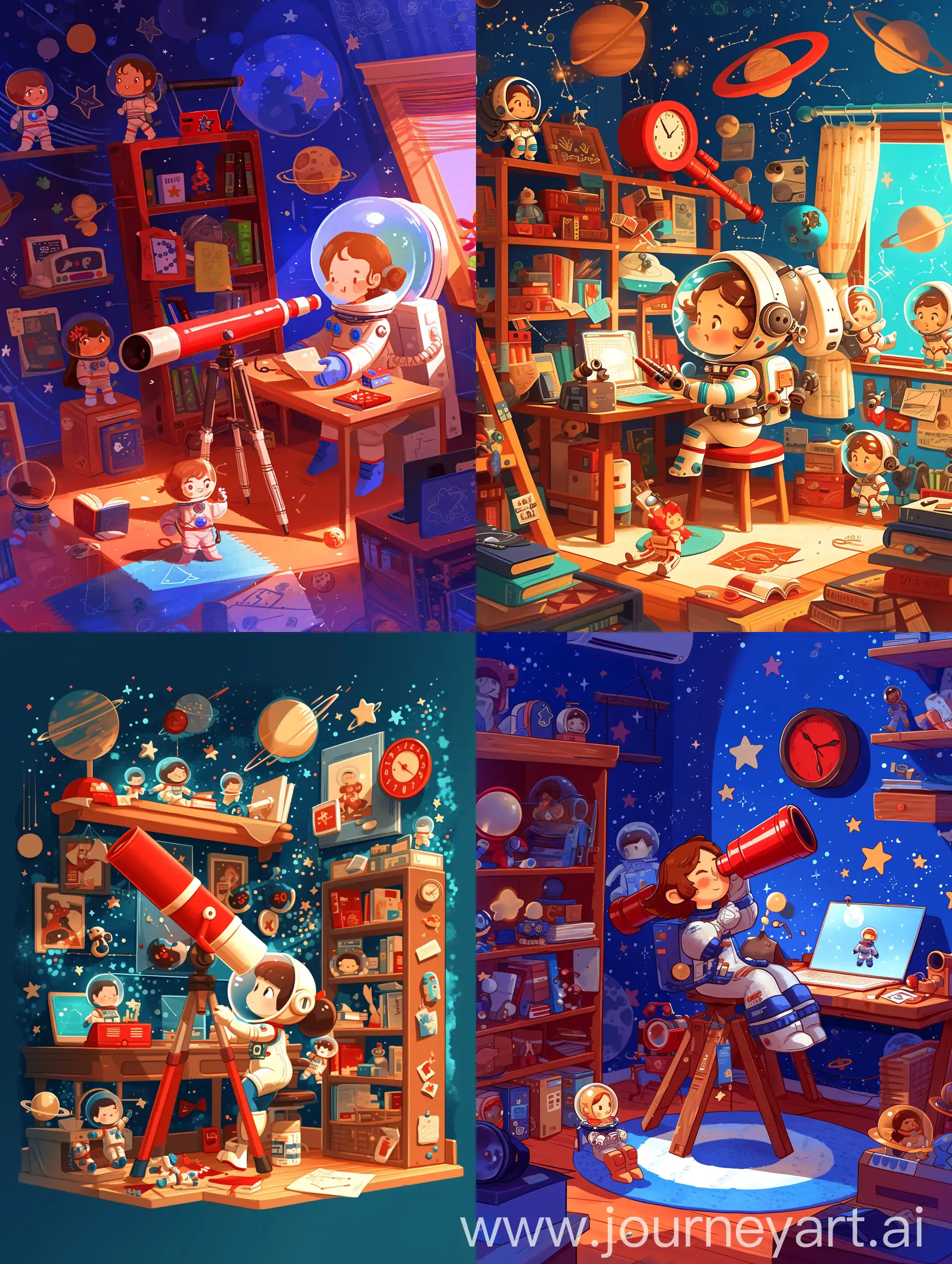 /imagine prompt: A digital cartoon illustration of a fantastical space-themed room, with a central character of a young girl in a spacesuit using a telescope. The room is filled with space-inspired elements, including a bookshelf with space-themed books and decorations, a red alarm clock with an astronaut design, a desk with a laptop showing stars, and several astronaut dolls engaging in playful activities. The background features a deep blue wall with celestial patterns, evoking a sense of wonder and excitement about the universe. The style is imaginative and vibrant, emphasizing the joy and adventure of space exploration. --ar 3:4 --niji 6