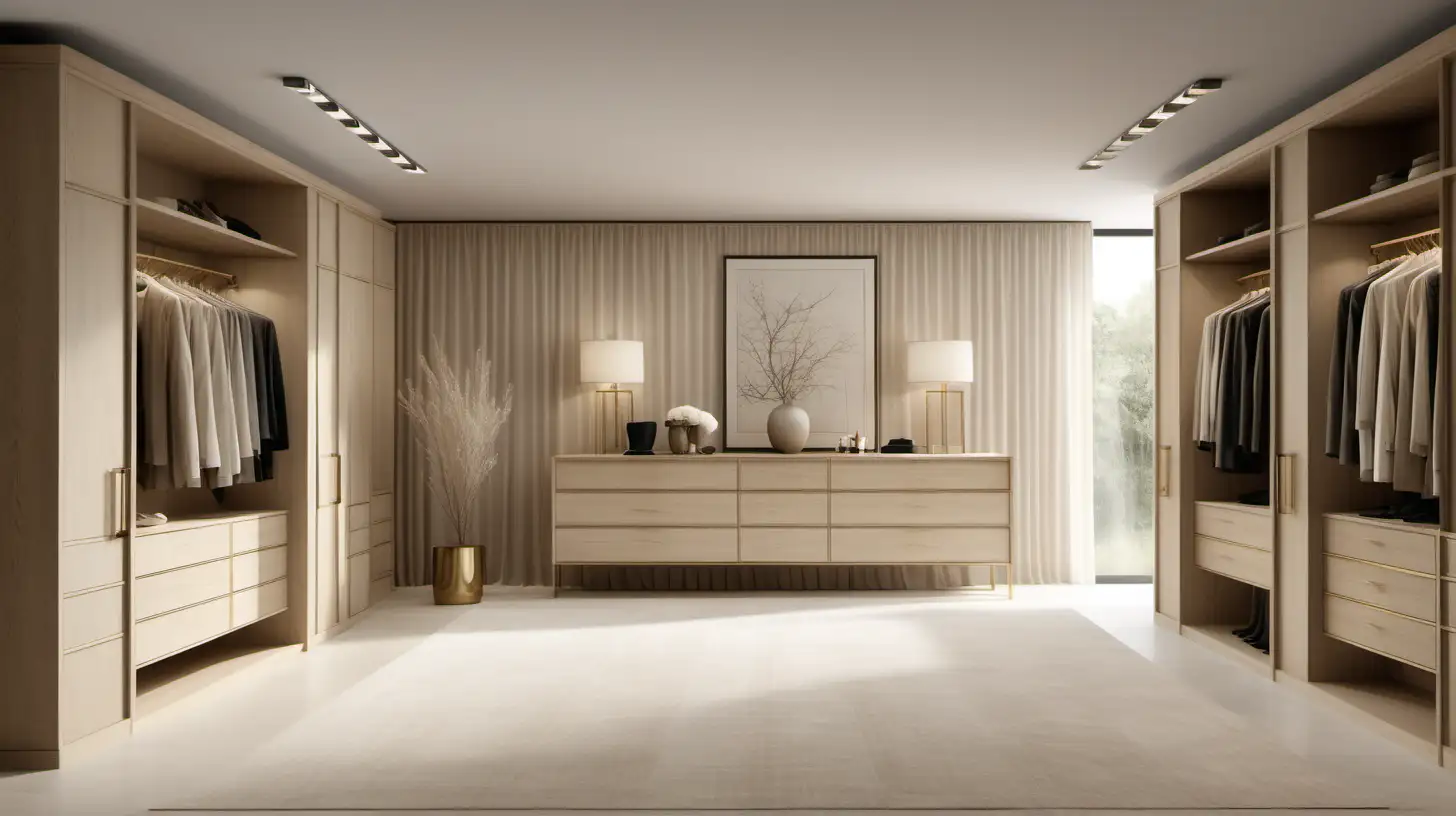 a hyperrealistic image of a classic contemporary large minimalist estate home walk-in closet with accessory island; limewash walls in Bauwerk Bone; blonde oak;  brass; large window with sheer curtains
