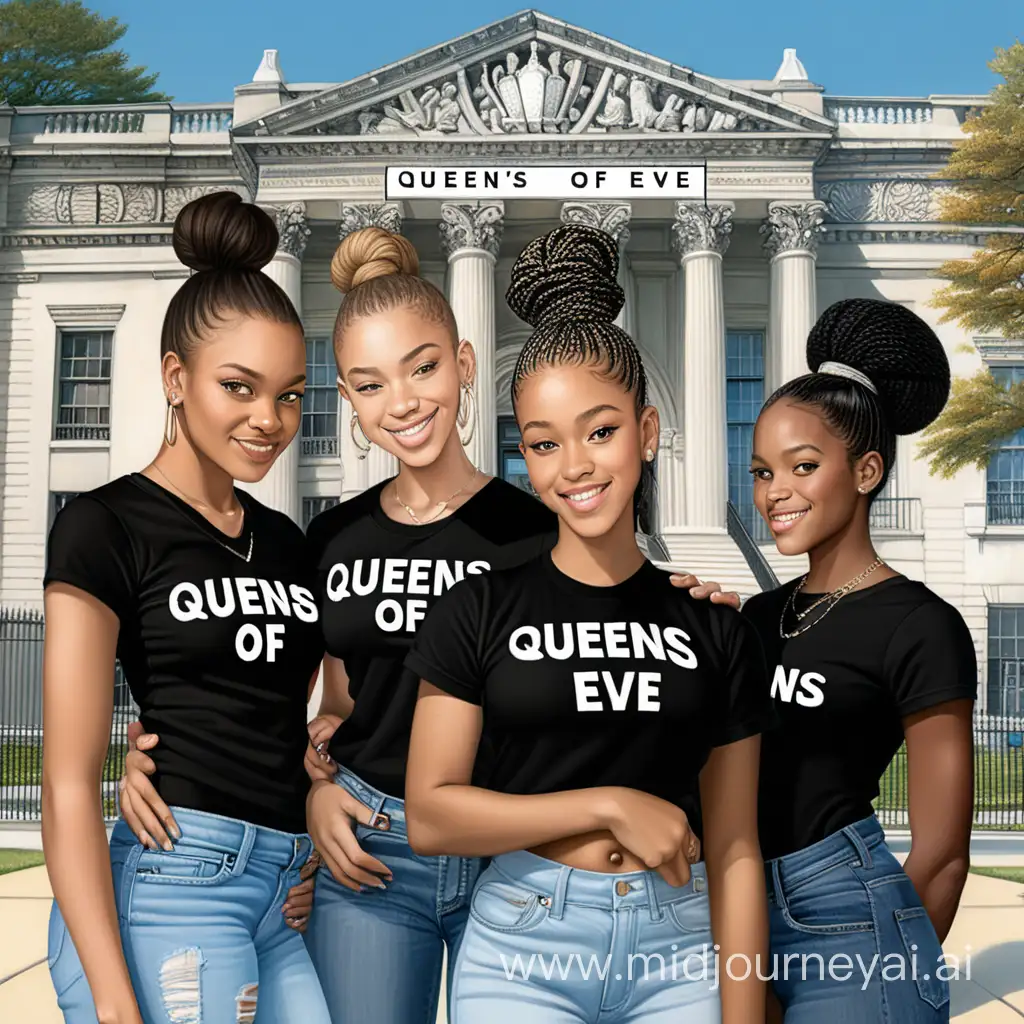 Smiling African American Woman with Queens of Eve Building and Teenage Companions