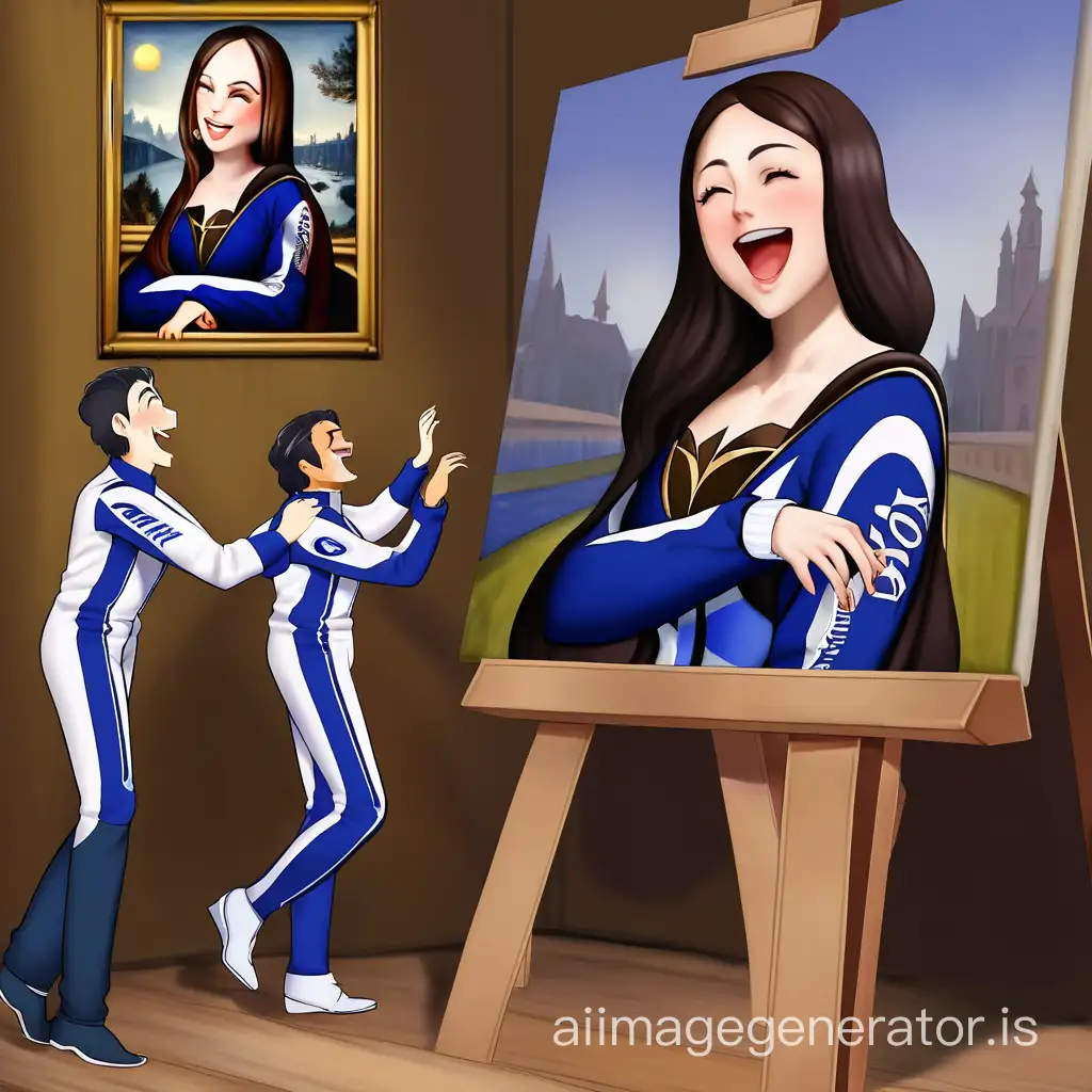  Mona Lisa painting wearing racing suit while laughing 