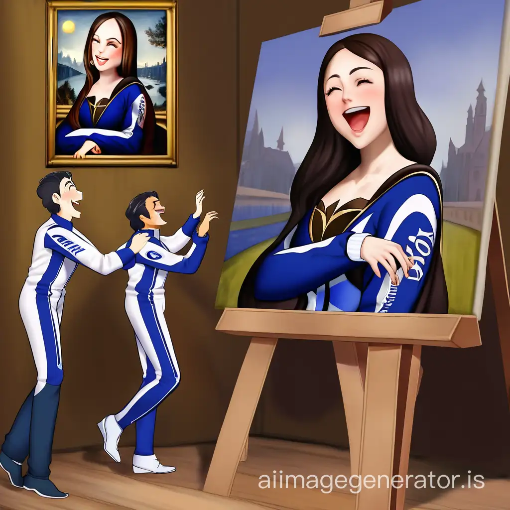  Mona Lisa painting wearing racing suit while laughing