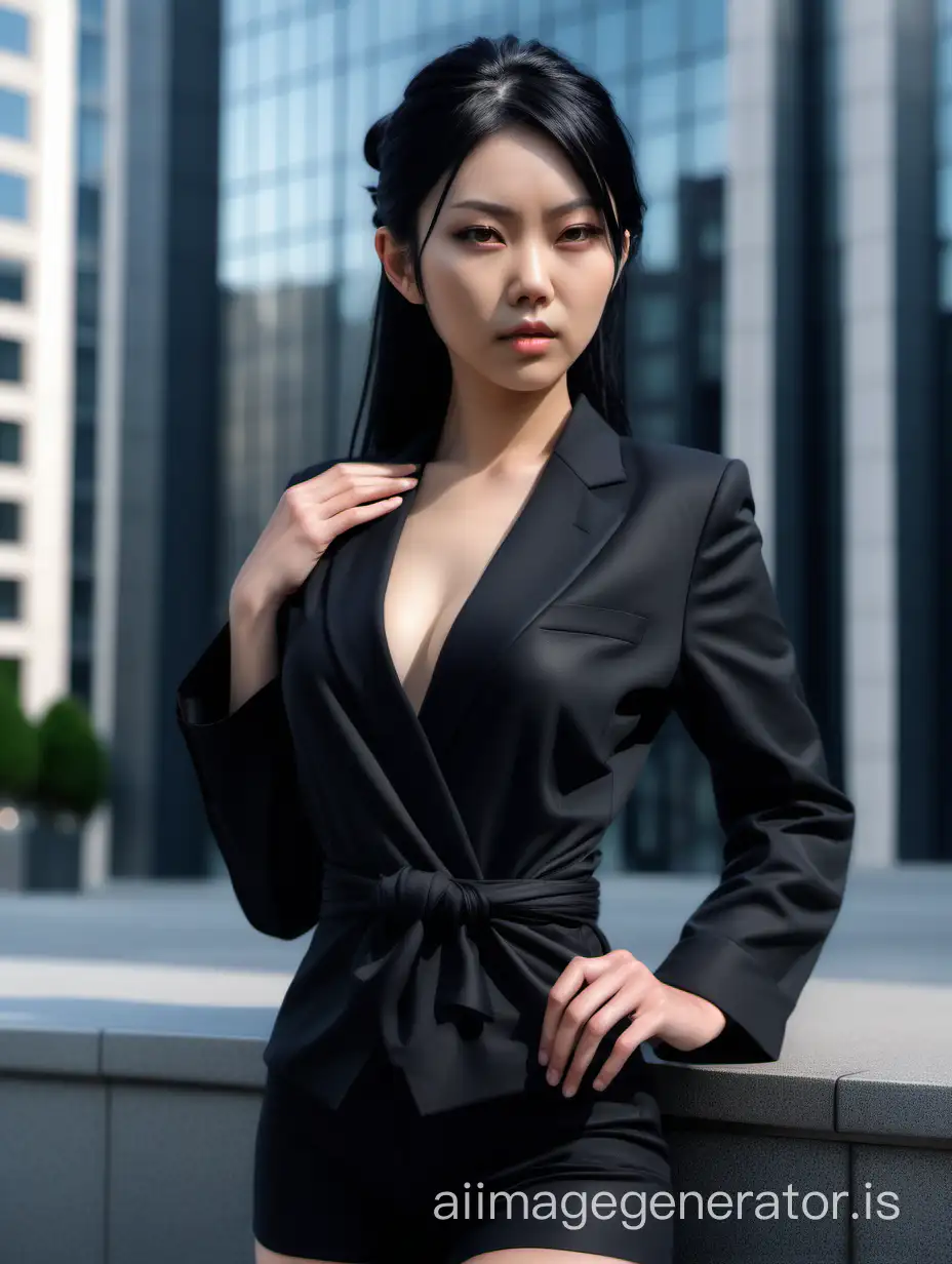 Stylish-Japanese-Executive-Woman-Posing-in-Front-of-Luxury-Building