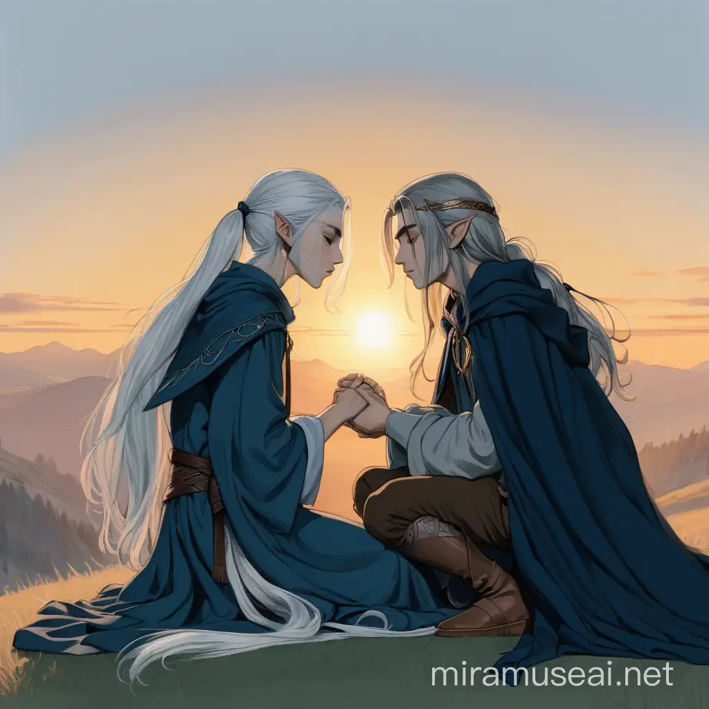 Young Androgynous Boys Kissing at Sunset in Elven and Antique Attire